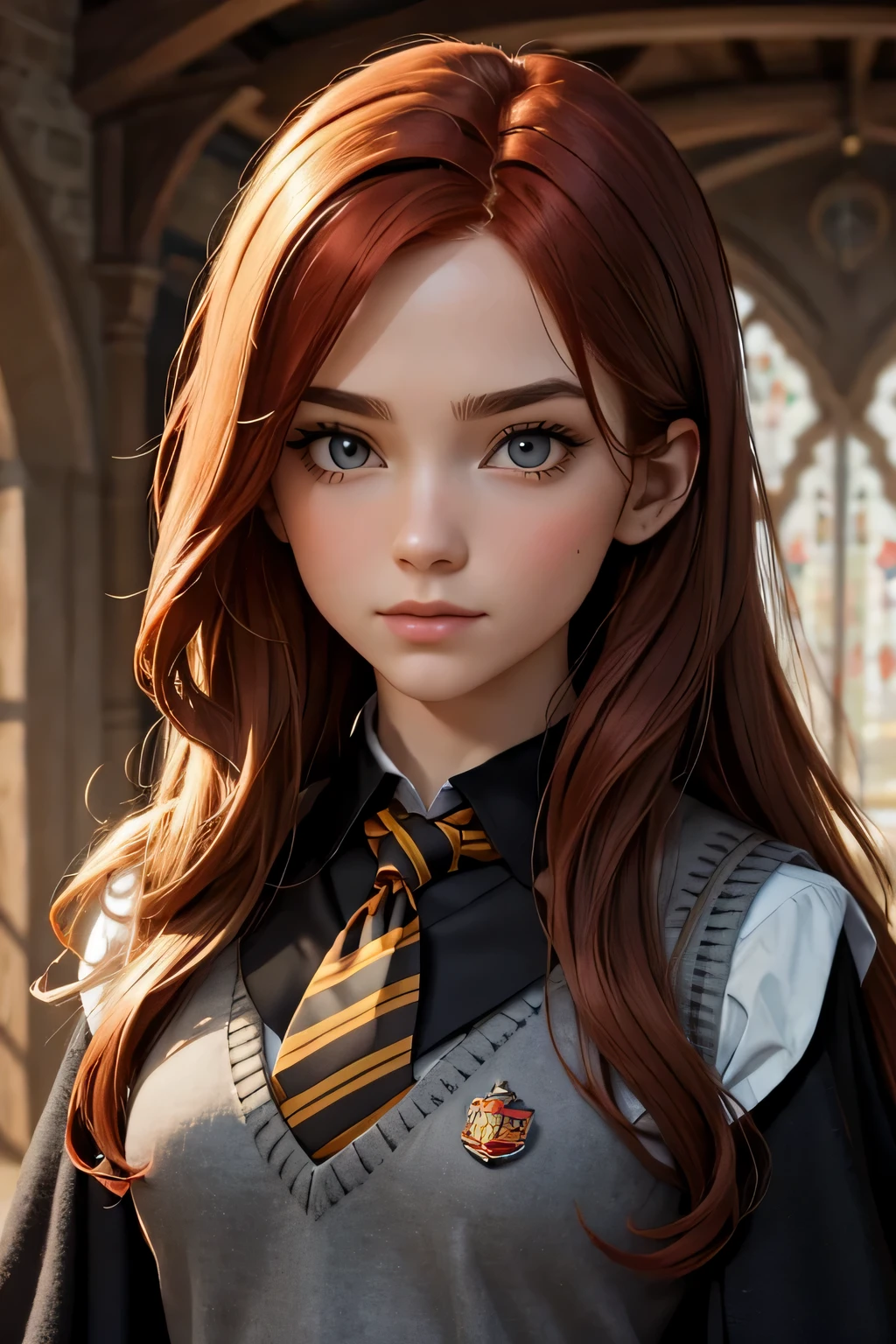 ((Masterpiece)) ((Perfect Face)) ((Beautiful)) ((Redhead)) ((Long Hair)) ((Pale Skin)) ((Inside Hogwarts)) ((Black Robes)) ((Grey Sweater vest)) ((red and gold striped tie)) ((Gryffindor)) ((Small Breasts)) ((Brown Eyes)) ((Round Face))