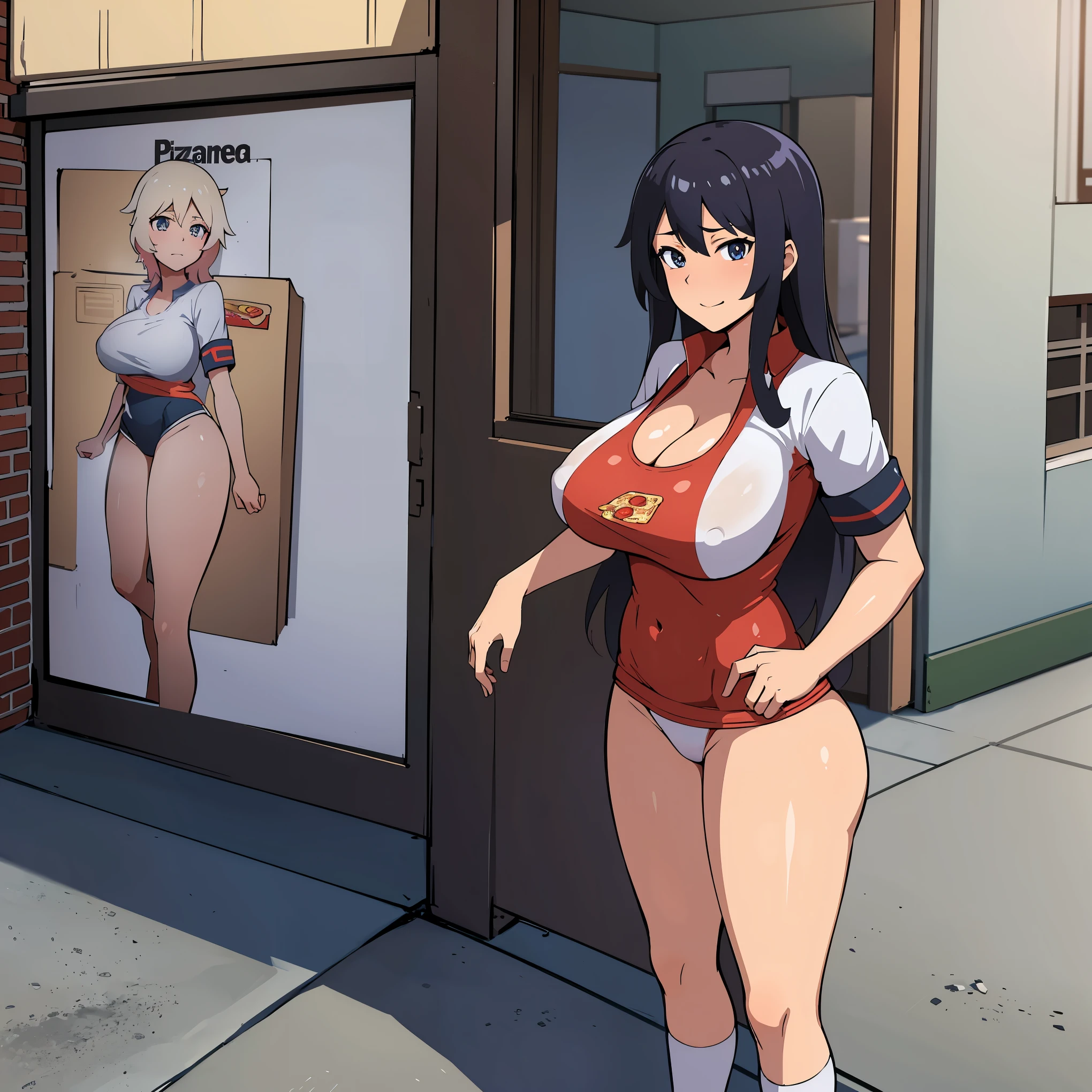 calidad superior, Obra maestra, Ultra high resolution,Anime illustration of an anime girl wearing a sexy pizza delivery uniform standing outside the entrance of a house and has huge tits