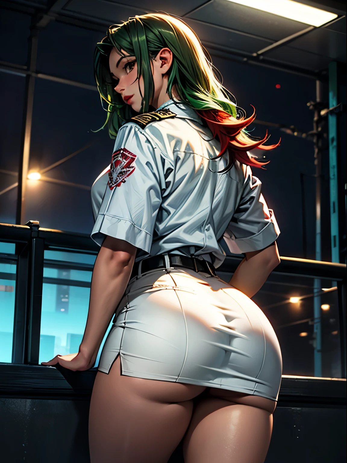 1girl, anime style, Pixiv, best quality, masterpiece, thirty one years old, white skin, brown eyes, red lips, long hair, green hair, haircut, prison uniform, bare legs, white skirt, tattoo, curvy body, from behind, looking at viewer, strip club background, red lights, midnight