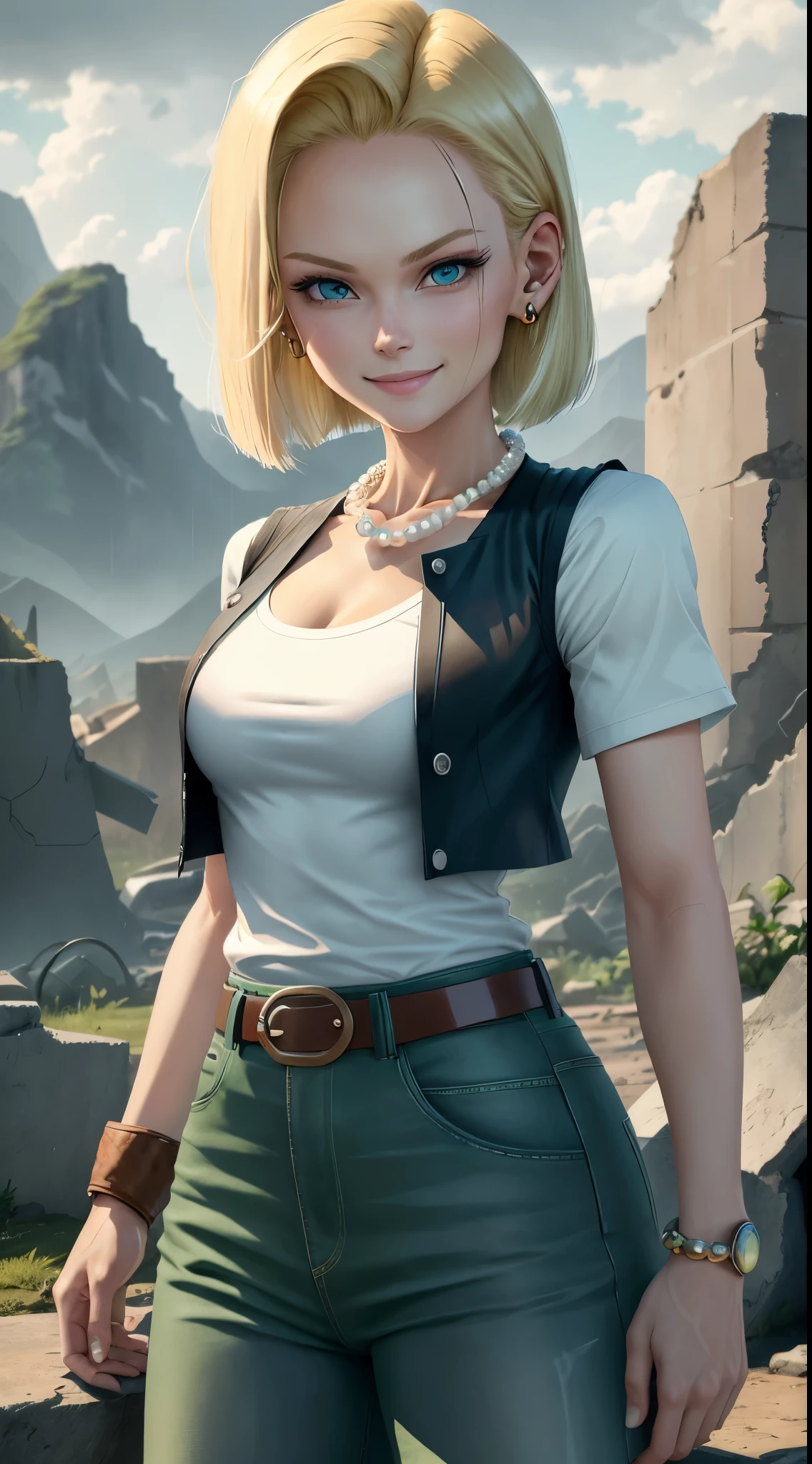 best quality, high-res, and18, 1girl, android 18, solo, blonde hair, blue eyes, belt, green jeans, pearl, necklace, bracelet, black gloves, white shirt, short hair, short sleeves, earrings, green leggings, open vest, black vest, medium breasts, cowboy shot, battle ruins, straight-on, mountain view, (weather: rain), cute smile,