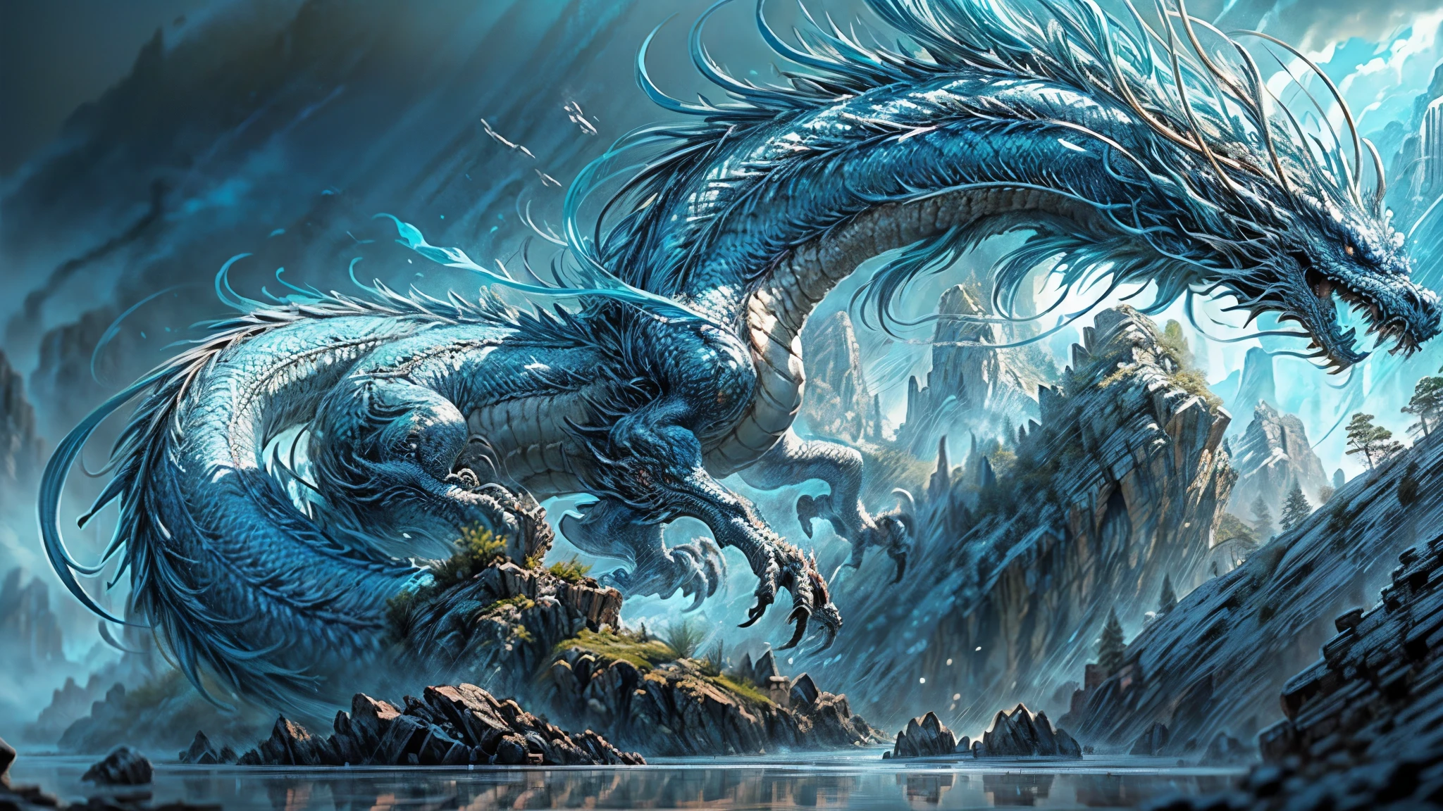 blue western dragon flying in a huge breach in the mountain. correct anatomy, anatomically correct, background. intricate, elegant, highly detailed, centered, digital painting, artstation, concept art, smooth, sharp focus, illustration, motion blur, cinematic lighting, ray tracing, reflection light, backlighting, motion lines, masterpiece, highres, best quality, 8k, 16k, super detail
