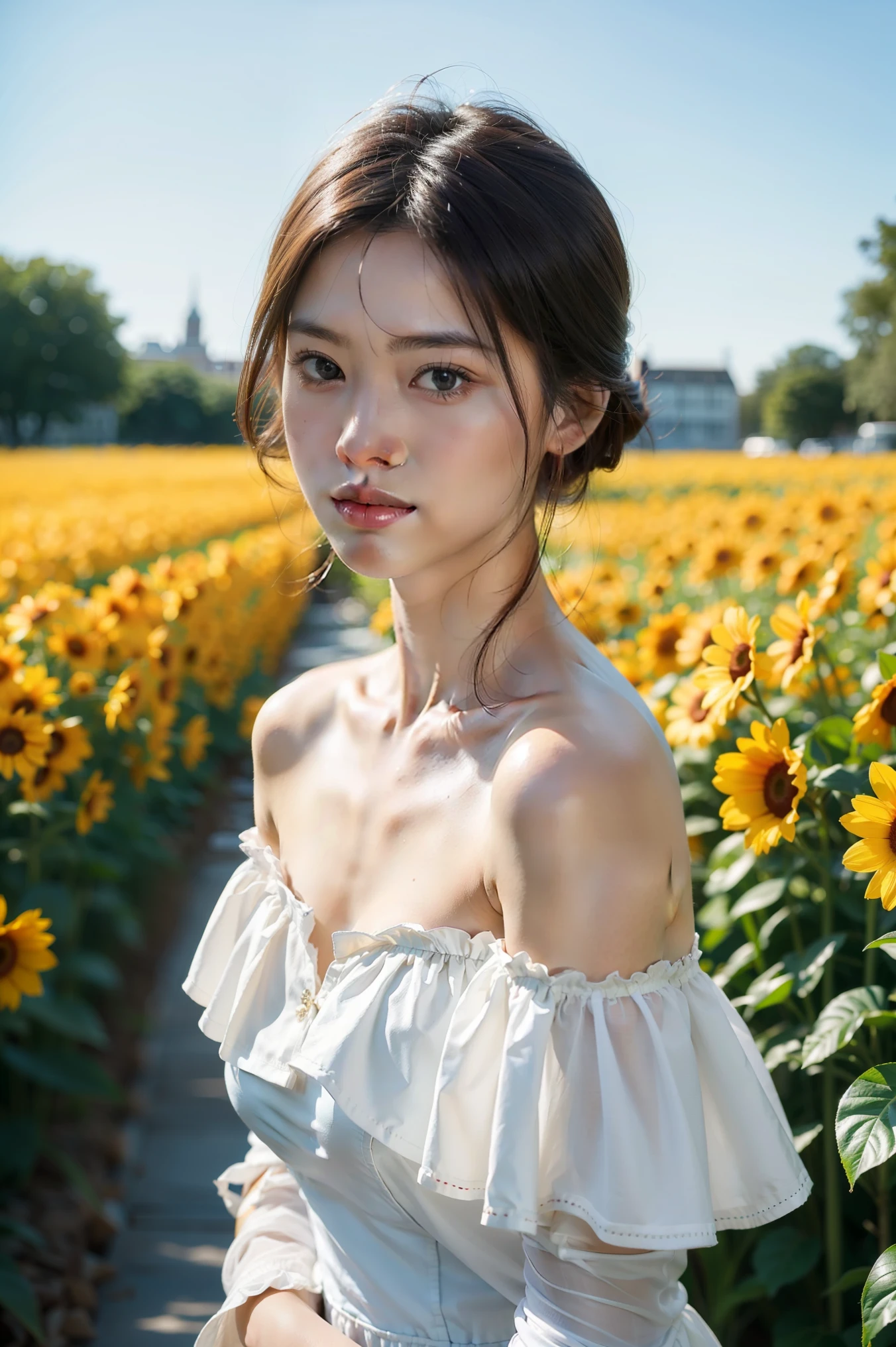 best quality, masterpiece, ultra high resolution, (lifelike:1.4), original photo, 1 girl, white dress, Off the shoulders, flower field, glowing skin, faint smile