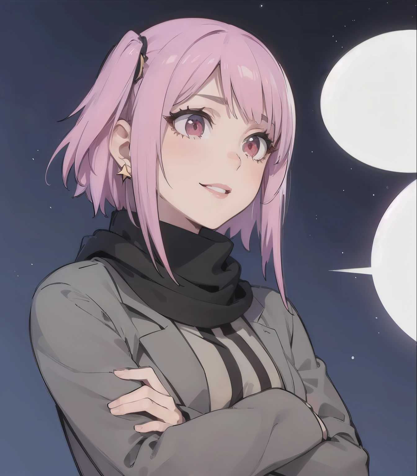 (masterpiece, best quality:1.4), (extremely detailed, 8k, uhd), cinematic shot, natural lighting, ultra highres, vibrant rich colors, (beautiful, aesthetic, perfect, delicate, intricate:1.2), (sharp focus, from front:1.3), eye level shot, 1girl, portrait of a anime girl, young, short pink hair, (extremely hot, attractive, beautiful, sexy, feminine:1.2), calm, expressive red eyes, long eyelashes, relaxed, (smiling:1.2), (beautiful detailed face, highly detailed skin, red eyes), gorgeous, breathtaking beauty, seductive, captivating, pale skin, perfect female figure, (slim:0.5), (highly saturated lipstick, purple pink lips, luscious thick lips, small red star earrings), intricate details, daytime, award winning photography, detailed background, volumetric fx, anime, hyper-detailed