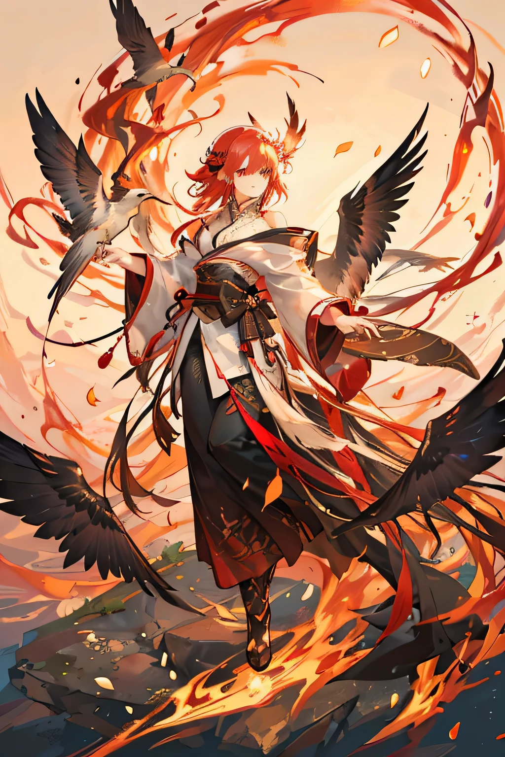 A bird with crimson feathers stands on a branch，that bird&#39;的羽毛隐约看起来像是It's on fire，flame，birdie，flame，flame，It's on fire，羽毛尾端有flame，flames