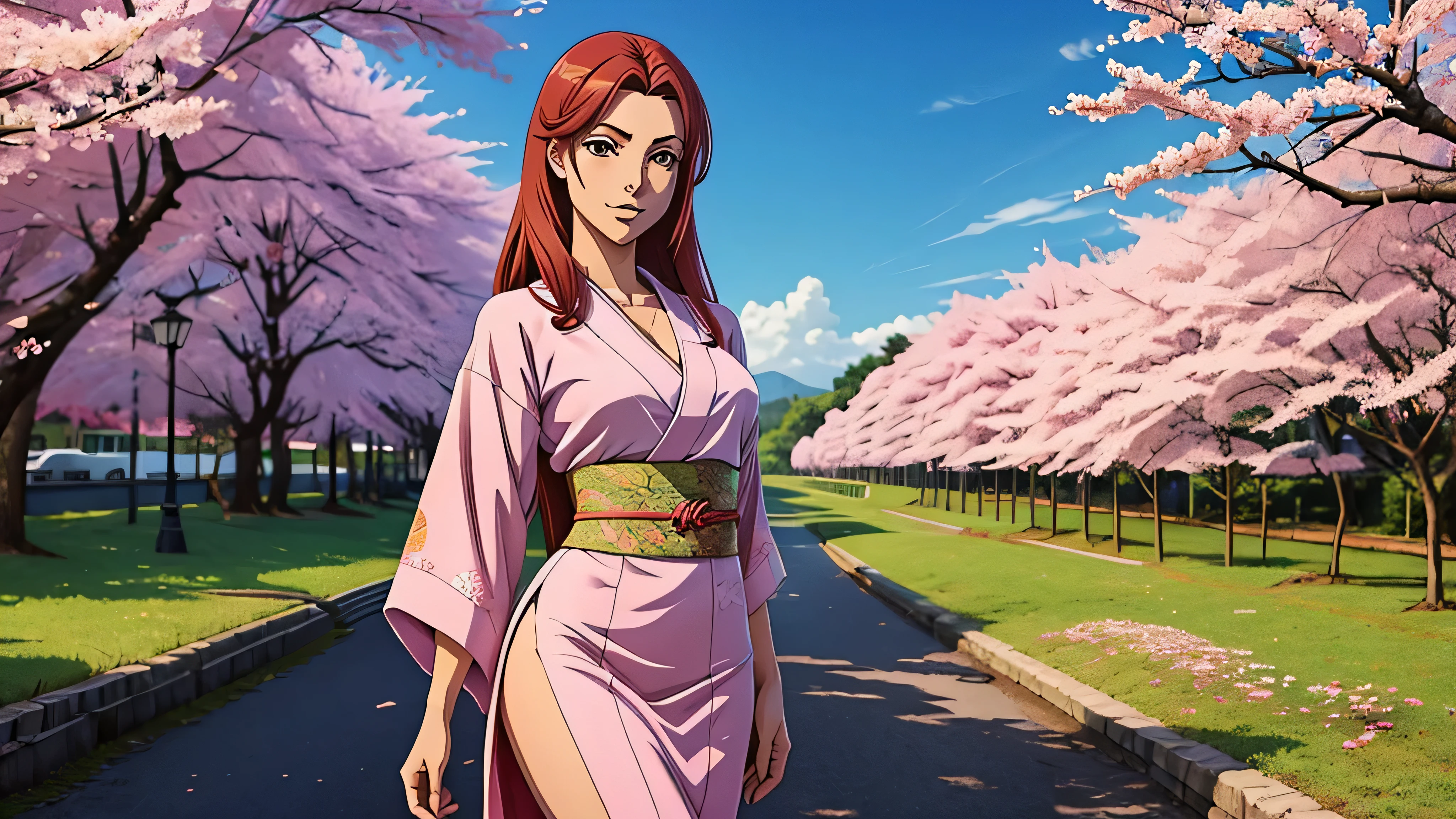 melhor qualidade, garota de anime, linda, corpo inteiro, pernas, vestida em kimono, ambiente ocidental, Sakuras