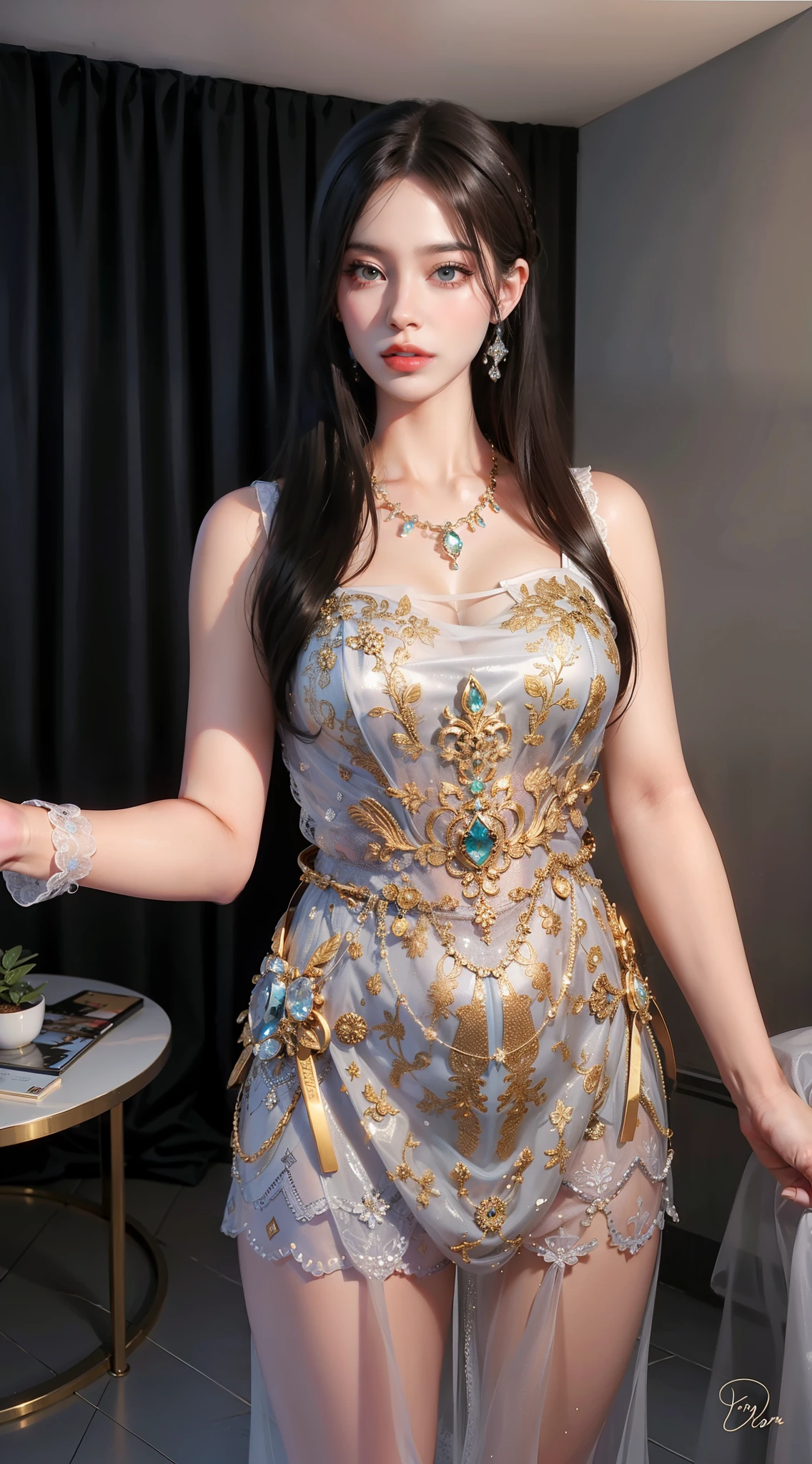 1 beautiful and sexy 20 year old girl, ((wearing traditional Hanfu armor with main colors purple and red:1)), not wearing pants, sexy hanfu style, ((long red hair:1.7)), jewelry elaborately made from precious stones and beautiful hair, ((wearing a 24k gold lace necklace:1.4)), the noble, noble style of an extremely beautiful girl, her small face is super cute, her face is very pretty, thin eyebrows, flawless beautiful face, ((black eye pupils: 0.8)), very beautiful eyes, ((light red eyes: 1)), (((big round eyes:1.6))), nice makeup and hair detailed eyelashes, steamy eye makeup, high nose, earrings, red lips, ((closed mouth: 1.5)) beautiful lips, slim hands, most beautiful thighs, ((arms spread out to the sides: 1.5)), rosy face, clean face, flawless beautiful face, smooth white skin, (big breasts: 1.5)), tight breasts, beautiful cleavage, (((big breasts and super round: 1.8))), beautiful breasts, perfect body, ((put girl's arms behind her back:1.6)), chest out, sit down on the bed, ((Open your legs:1.5)), not ashamed, 8k photo, super high quality, super realistic, super 10x pixels, optical, bright studio, bright edges, dual-tone lighting, (high-detail skin:1.2), super 8k, soft lighting, high quality, volumetric lighting, photorealistic, photorealistic high resolution, lighting, best photo, 4k, 8k quality, smooth sharp, 10x pixel, ((royal villa background:1.5)), aurora, lightning, super graphics realistic, most realistic graphics, 1 girl, alone, solo, Extremely sharp image, surreal, ((frontal portrait:1.6))."