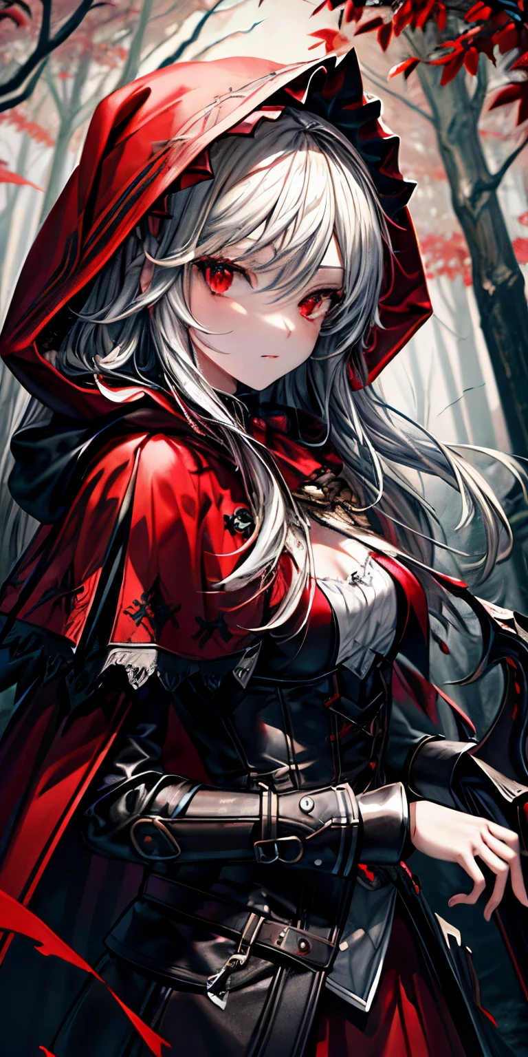 (best quality,4k,highres,masterpiece:1.2),ultra-detailed,realistic:1.37,portrait,dark fantasy,red color scheme,soft lighting,emotional,enchanted forest,ominous atmosphere,eye-catching,storytelling,anatomy,anime style,concept art,beautiful detailed face and (((RED EYES ))),flowing hair,expressive emotions,detailed jewelry,cape with intricate patterns,intense gaze,feathered details on the cape,subtle shadows,dynamic pose,epic composition,mysterious background,natural elements,moonlit night,wind blowing through the trees,eerie presence,revealing the character's strength and vulnerability,striking contrast between the red cape and surroundings,engaging narrative,rich textures,depth and dimension,putting emphasis on the character's allure and resilience. (((RED RIDING HOOD)))