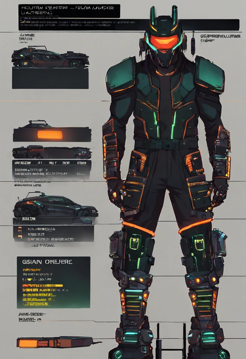 character reference sheet {A cyberpunk street samurai, male, with a sleek robotic arm that has integrated neon circuit patterns. The character is wearing tactical urban armor adorned with glowing neon lines that accentuate his muscular build. His face is partially obscured by a visor that displays digital readouts, and his hair is styled in a messy, spiked look with streaks of neon color. The background shows a bustling neon-lit cityscape at night, reflecting the futuristic urban underworld in which he operates.} . turnaround views, detailed anatomy, color palette, multiple poses, highly detailed, multiple views of the same character, model sheet, character sheet