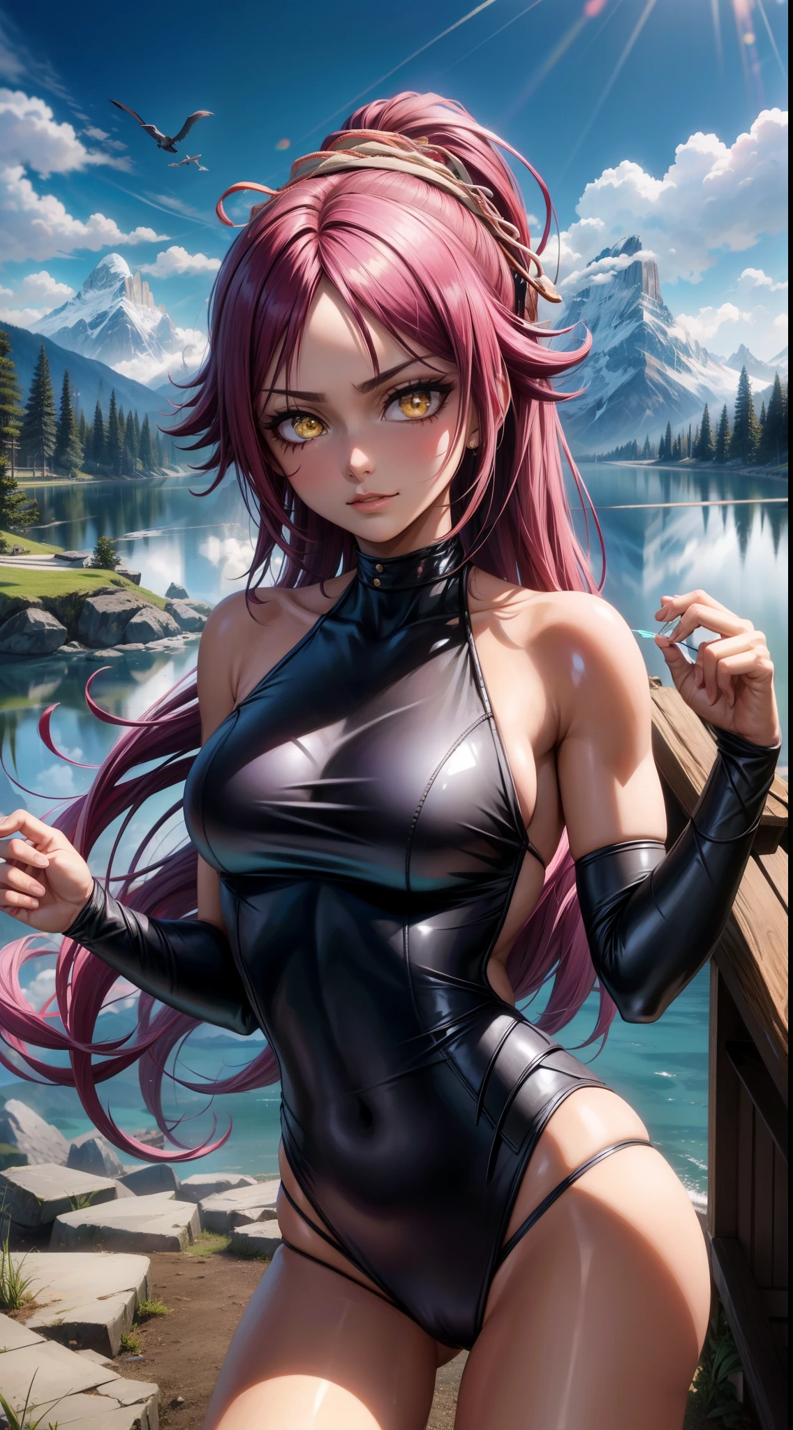  mejor calidad, ojos expresivos, Cara perfecta, de cerca en la cara, shihouin yoruichi (Blanquear), piel oscura, Leotardo negro, ojos amarillos, cabello purpura, Cabello largo, Cola de caballo, amanecer, lago, mountains,mostrando el trasero, medias sexis, tetona, lingerie,