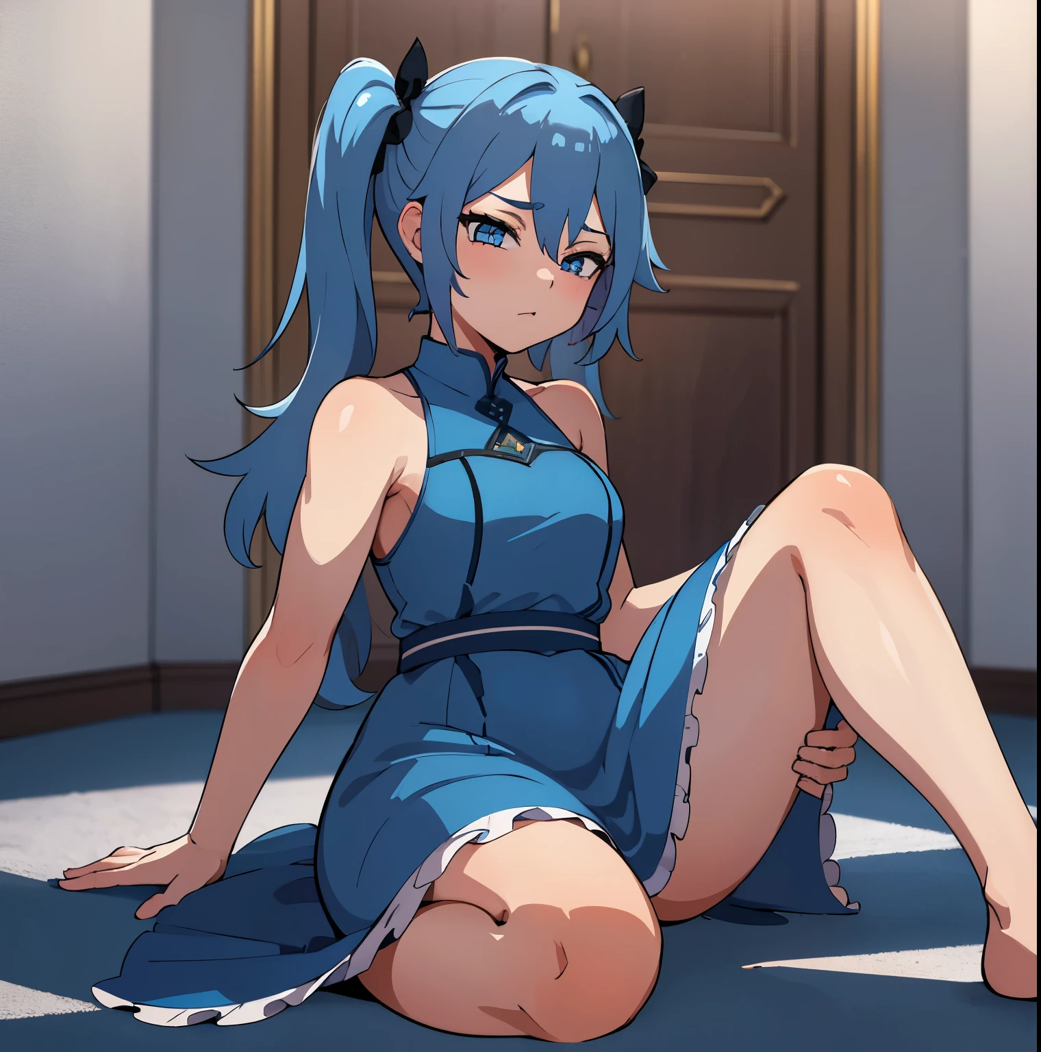 calidad superior, Obra maestra, Ultra high resolution, of a femboy boy of very short stature, blue hair with pigtails and blue eyes and he wears a beautiful blue dress, his body is very feminine and curvy, he has big thighs, he is sitting on the floor 