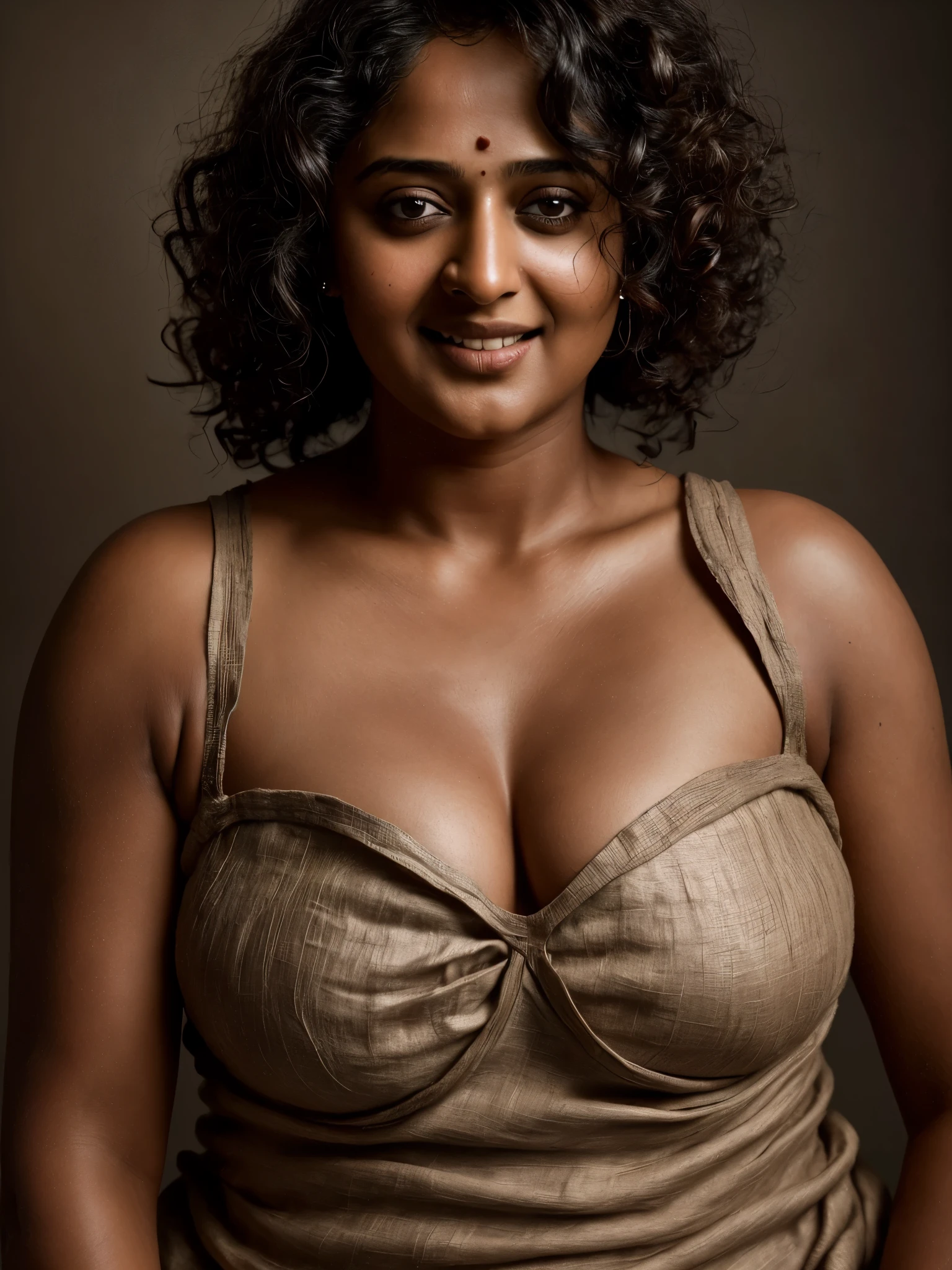 Looks like Anushka Shetty, a photo portrait of a beautiful girl 40 years old, with curls, styled black hair, (face portrait:1.5), dramatic light, Rembrandt lighting scheme, bust shot, linen tank top , top quality editorial photograph, skin texture, skin pores, chocolate skin, high quality skin, top quality photography, professional photography, professional retouching, insane detailing, warm moody tones, 