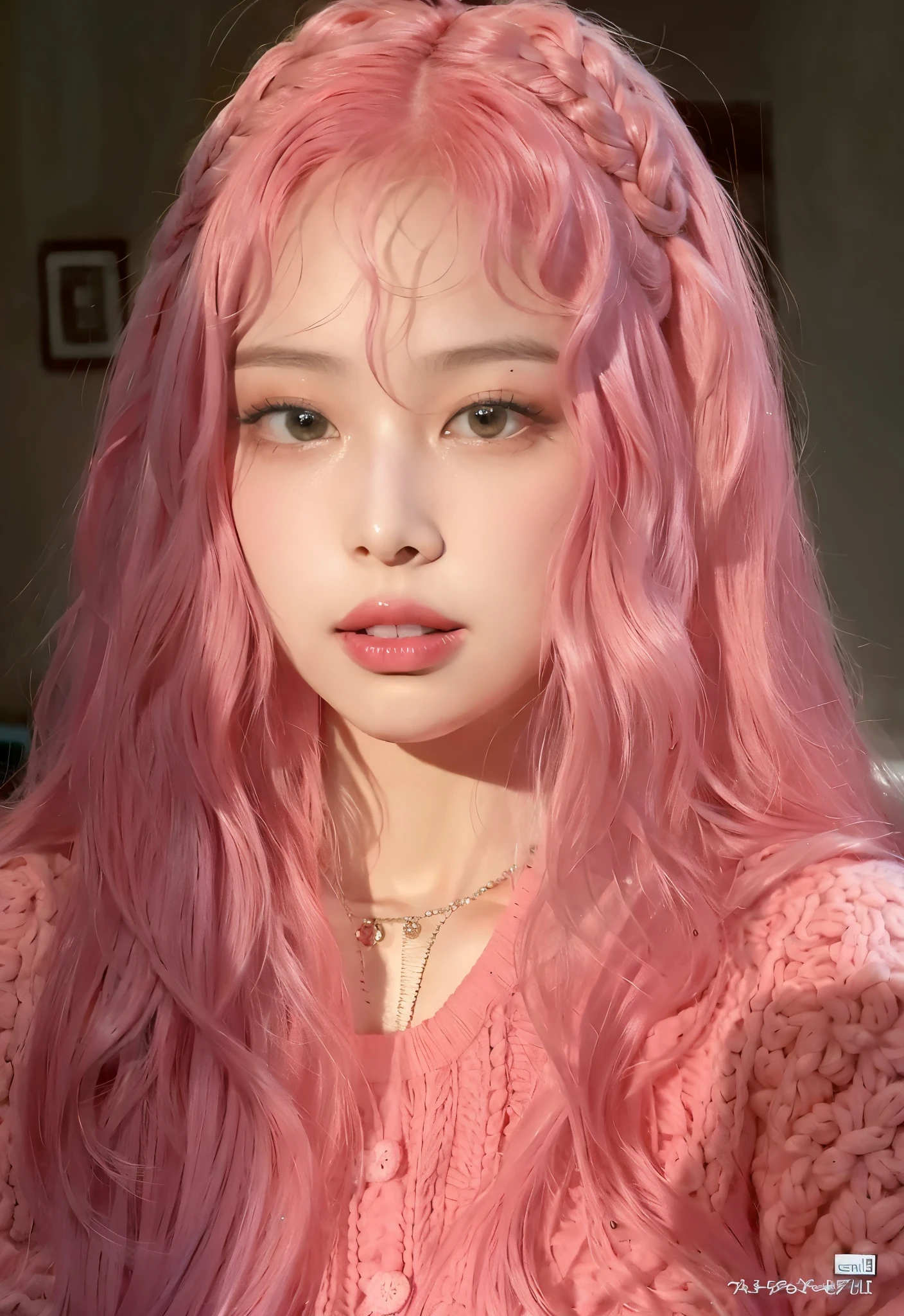 a close up of a person com cabelo rosa and a pink sweater, cabelo rosa cacheado, Flowing pink hair, com cabelo rosa, Ulzzang, long Flowing pink hair, penteado kawaii, pastel rosa, Retrato realista kawaii, Rosa, estilo de cabelo kawaii, cabelo rosa claro, cabelo rosado e ralo, cabelo twintail rosa e olhos ciano, cabelo longo de chiclete