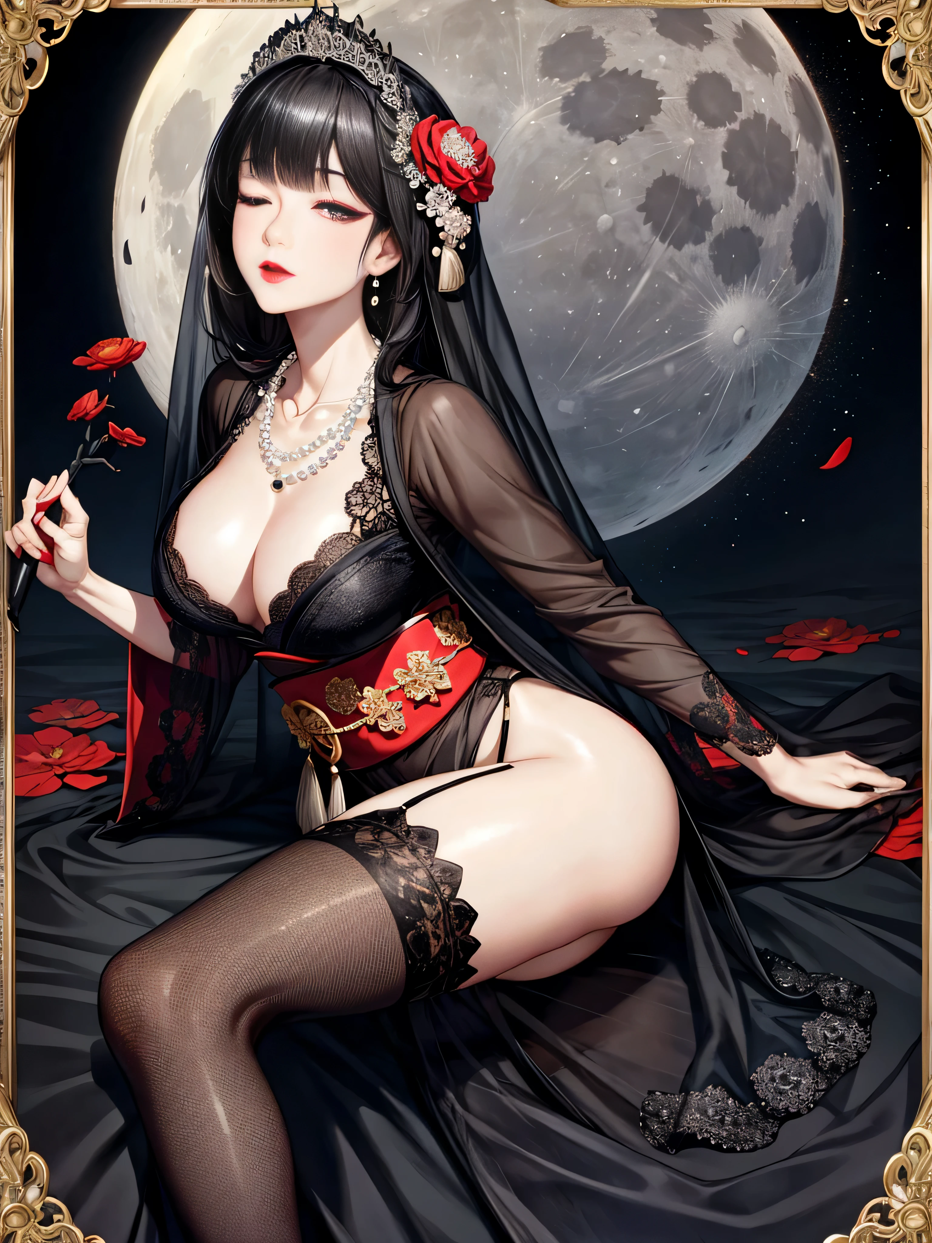 See-through,black face veil , black nylons , silk stockings ,See-throughの袴, close your eyes,transparent black kimono ,sheer lingerie,enamel high heels,pearl necklace,,straight,lace long gloves, shortcut, hair ornaments, Japanese style room ,crossed legs,stretch one leg,Bewitching,black background, masterpiece, great product, night, full moon, 1 female, mature woman, brunette hair, up style, red lips, Calm, intellectual, hairpin, hair flower, Detailed facial details, fine eyes, whole body, gray eyes, long hair,