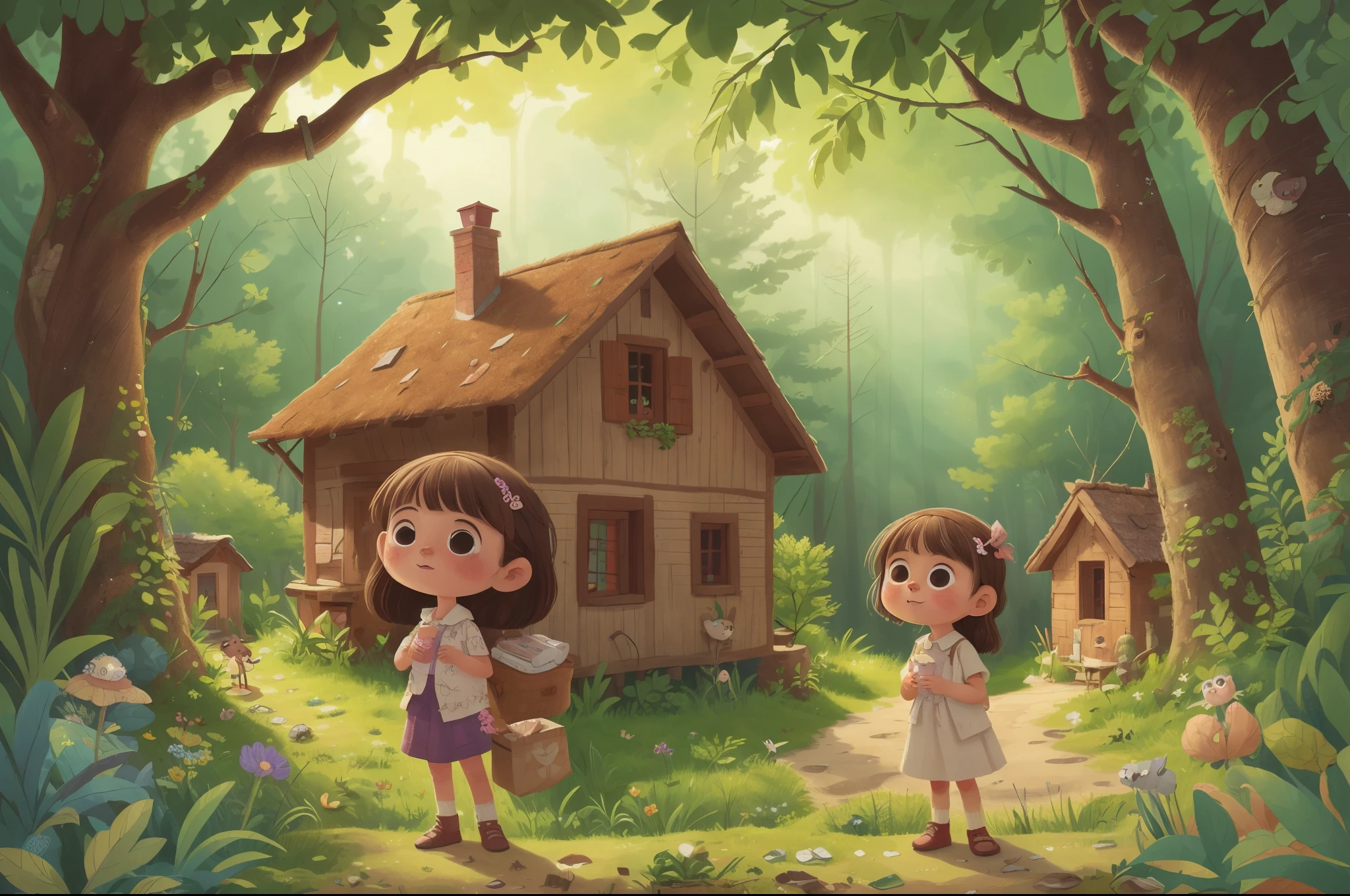 A curious  named Lila lives in a small village surrounded by a dense forest.[[long shot view]] best quality, masterpiece, beautiful and aesthetic, vibrant color, Exquisite details and textures,  Warm tone, ultra realistic illustration,	(cute European girl, 5year old:1.5),A curious  named Lila lives in a small village surrounded by a dense forest