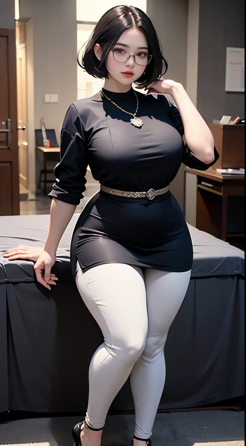 ((best quality)), ((masterpiece)), (detailed), perfect face, chubby woman, chubby face , chubby girl , widest hips , fat belly , thick neck ,, thicc , thick body , thick thighs , thick arm, small breasts but her body is a chubby, full body view, dark-black room, black bokeh background, tight dress, wearing heels, short hairstyle, diamond necklace, wearing a watch, tall woman, restore face, white skin , longest tight pants , glasses , cold vibes, , 4k resolution, japanese goddess,voluptuous, looking at viewer