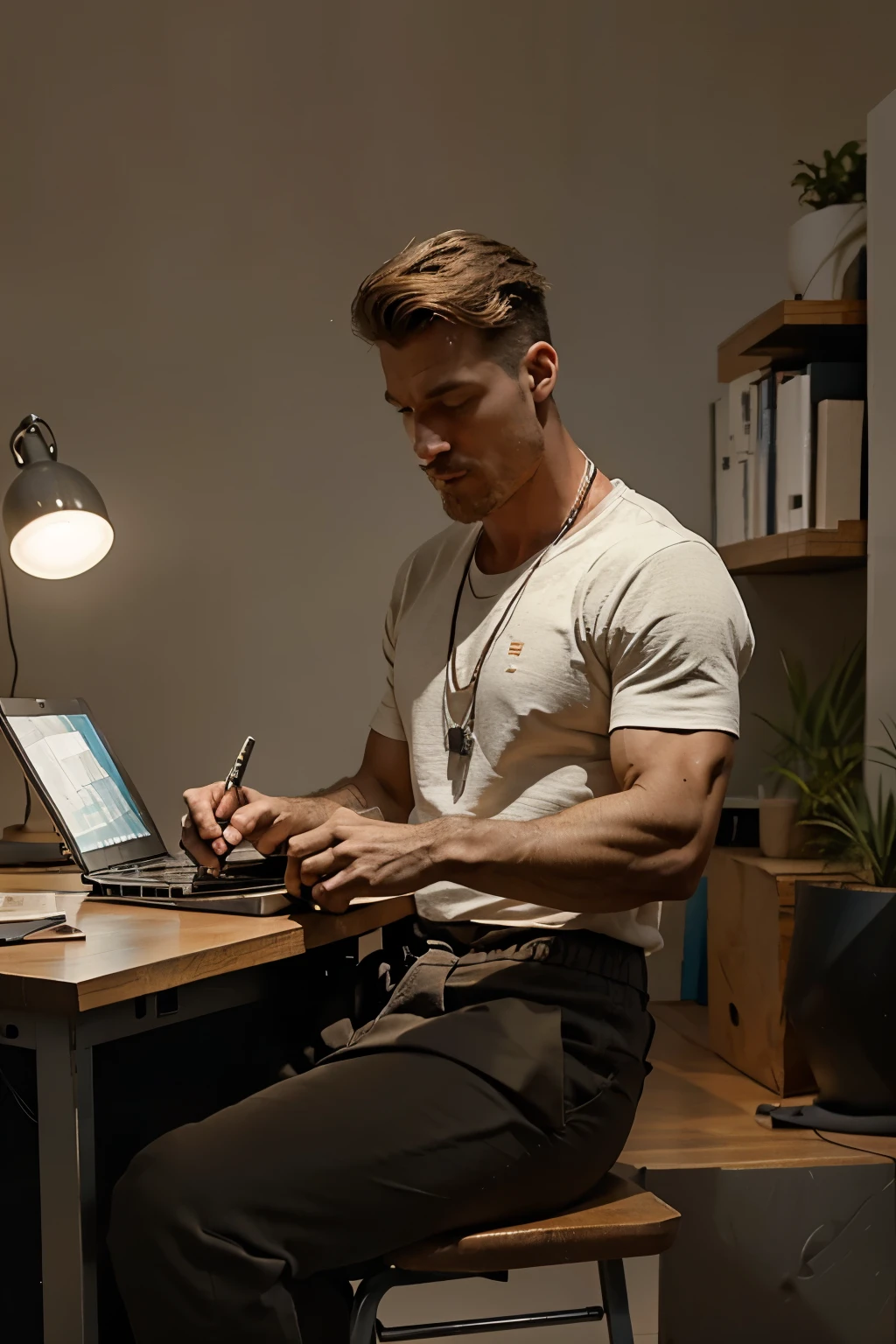 Generate an artistic representation of a focused and dedicated masculine white man with distinct features. Picture him wearing a black t-shirt and tan cargo pants, showcasing a lean physique. Capture the essence of concentration as he sits at his desk in a stylish bachelor-style home, engrossed in work, with a laptop in front of him. The scene should emanate a blend of strength, determination, and sophistication.