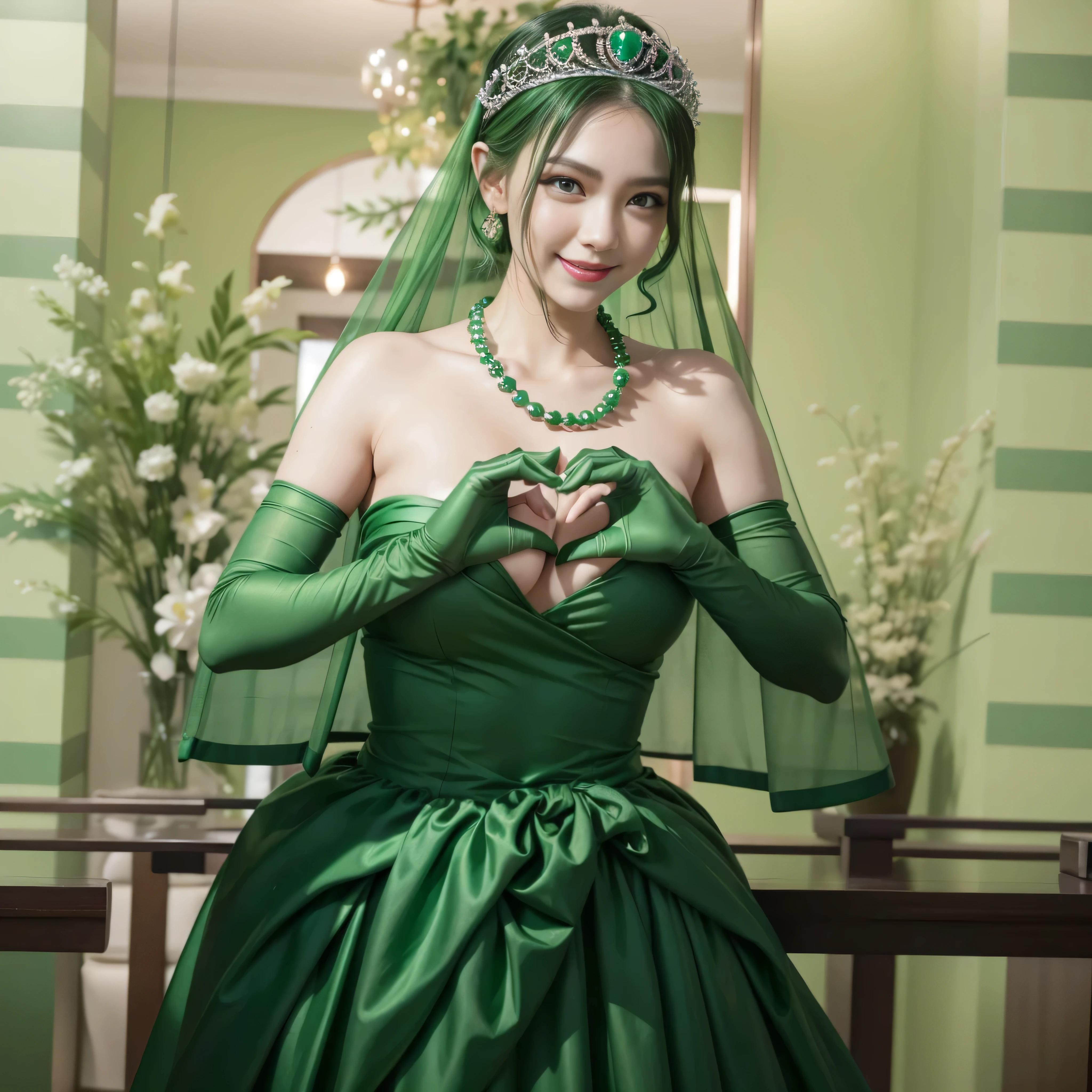 emerald tiara, Green Pearl Necklace, ボーイッシュな非常に短いgreen hair, green lips, smiling Japanese woman, very short hair, Beautiful woman with big breasts, green eyes, green satin long gloves, green eyes, emerald earrings, Green veil, Heart with both hands, green hair, beautiful japanese woman, heart shaped hands:1.3, green lip gloss