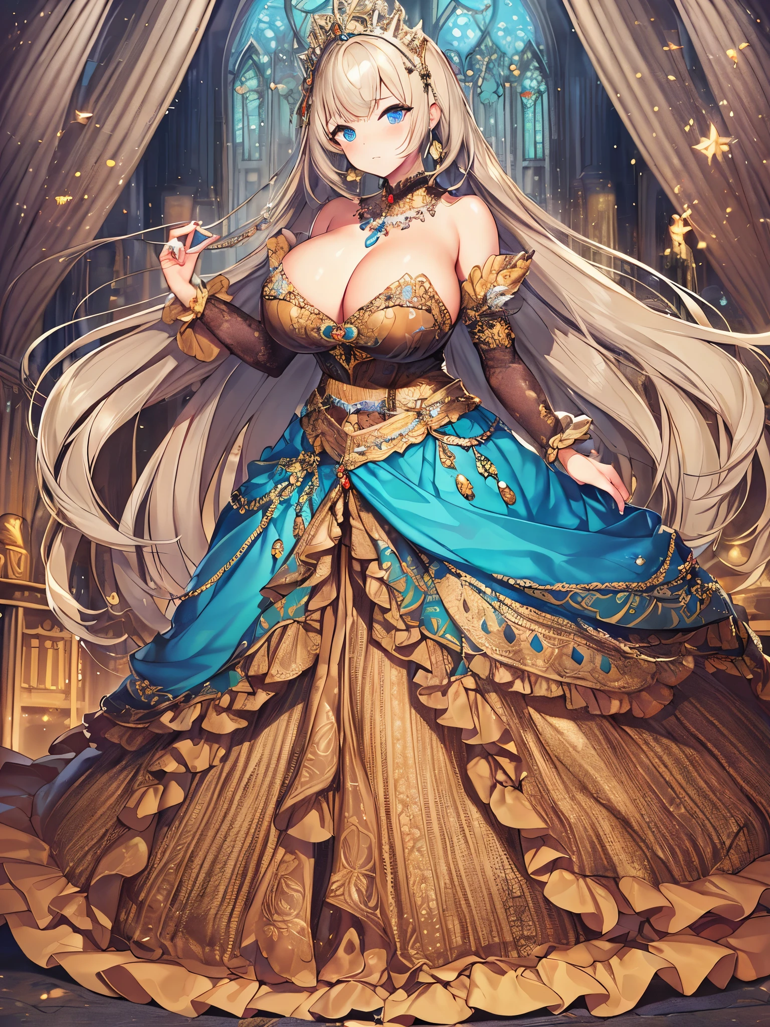 anime artstyle,Masterpiece,Best Quality,Super Detail,Very Delicate and Beautiful,Solo,full body,full body portrait,((1 bling-bling gorgeous princess in a gorgeous embroidery rococo ballgown with jeweled)),(((very very gigantic tits,cleavage,curvy))),Skindentation,((Cathedral,church)),((crinoline,long train)),super detailed gorgeous princess ballgown with voluminous full length hoop skirt,gorgeous princess rococo ballgown with long train,((gorgeous princess rococo ballgown with beautiful embroidery and jeweled)),(detailed face and eyes),jewel-like eyes,((extremely voluminous straight Hair,Extremely Long Straight Hair)),extremely gorgeous hair ornament,((extremely gorgeous bling-bling big tiara)),bling-bling luxurious jewelry,Beautifully detailed lots of lace and ruffles,((super detailed gorgeous princess rococo ballgown with voluminous full length hoop skirt)),full body