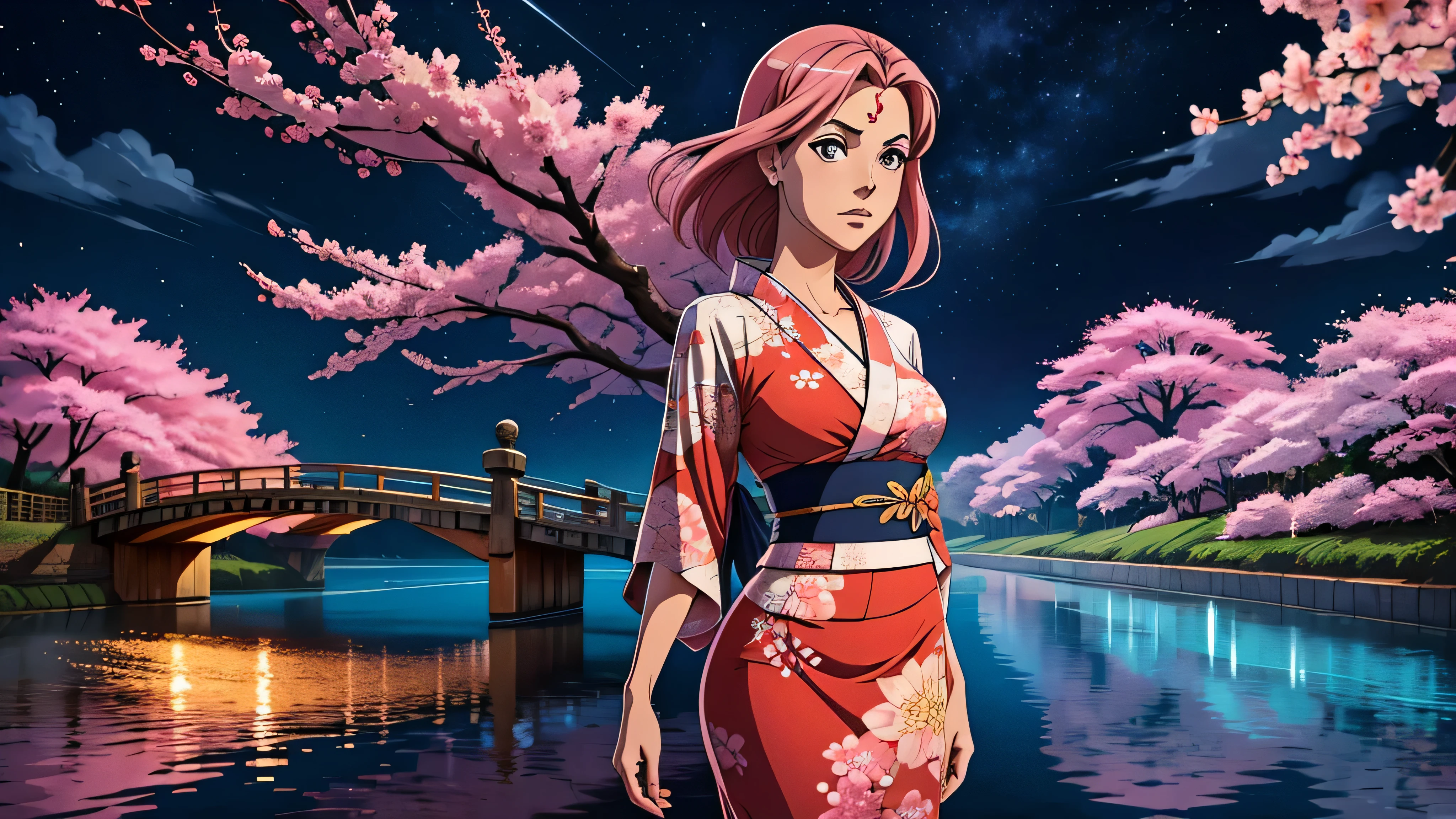 melhor qualidade, garota de anime, triste, linda, corpo inteiro, pernas, vestida em kimono, ambiente ocidental, Sakuras, noite, ambiente escuro, Fora