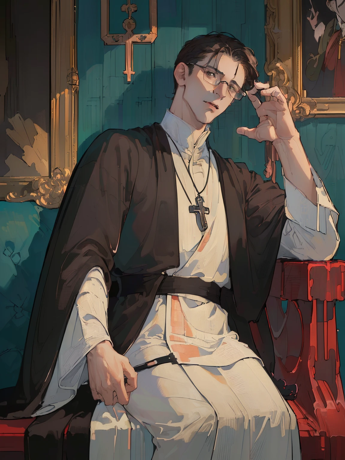 (((8K, RAW-фотограф, Best quality at its best, Masterpiece: 1.4))), (portrait:1.4), (Masterpiece:1.2, top quality:1.2), (((Man))), (((mature))), Dark brown hair, short hair, grey eyes, black Catholic robe, cross, churchman, rounded glasses