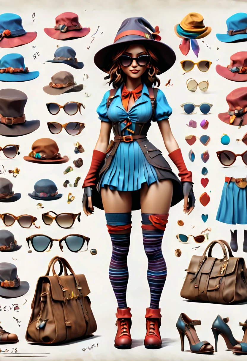 Framed Presentation of a magical slut (anorexic:1.2) woman character design sheet for a video game with detailed accessories, shoes, socks, bag, hat, sunglasses and dresses of different colors, buttons to customize the character to your liking(txt descrption:1.2), (best quality,4k,8k,highres,masterpiece:1.2),ultra-detailed,(realistic,photorealistic,photo-realistic:1.37)