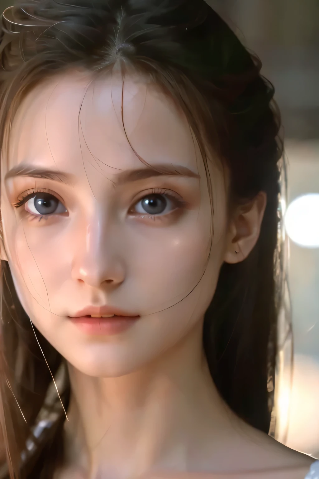 8k、High resolution、Beautiful Girl of the Wizard、young、white skin,、narrow eyes,high nose,lighting that illuminates the face、clear image、intellectual beauty、skinny、no makeup、The expression you show to your lover,shining hair、single eyelid,、vivid pose、looking at camera、relax on vacation