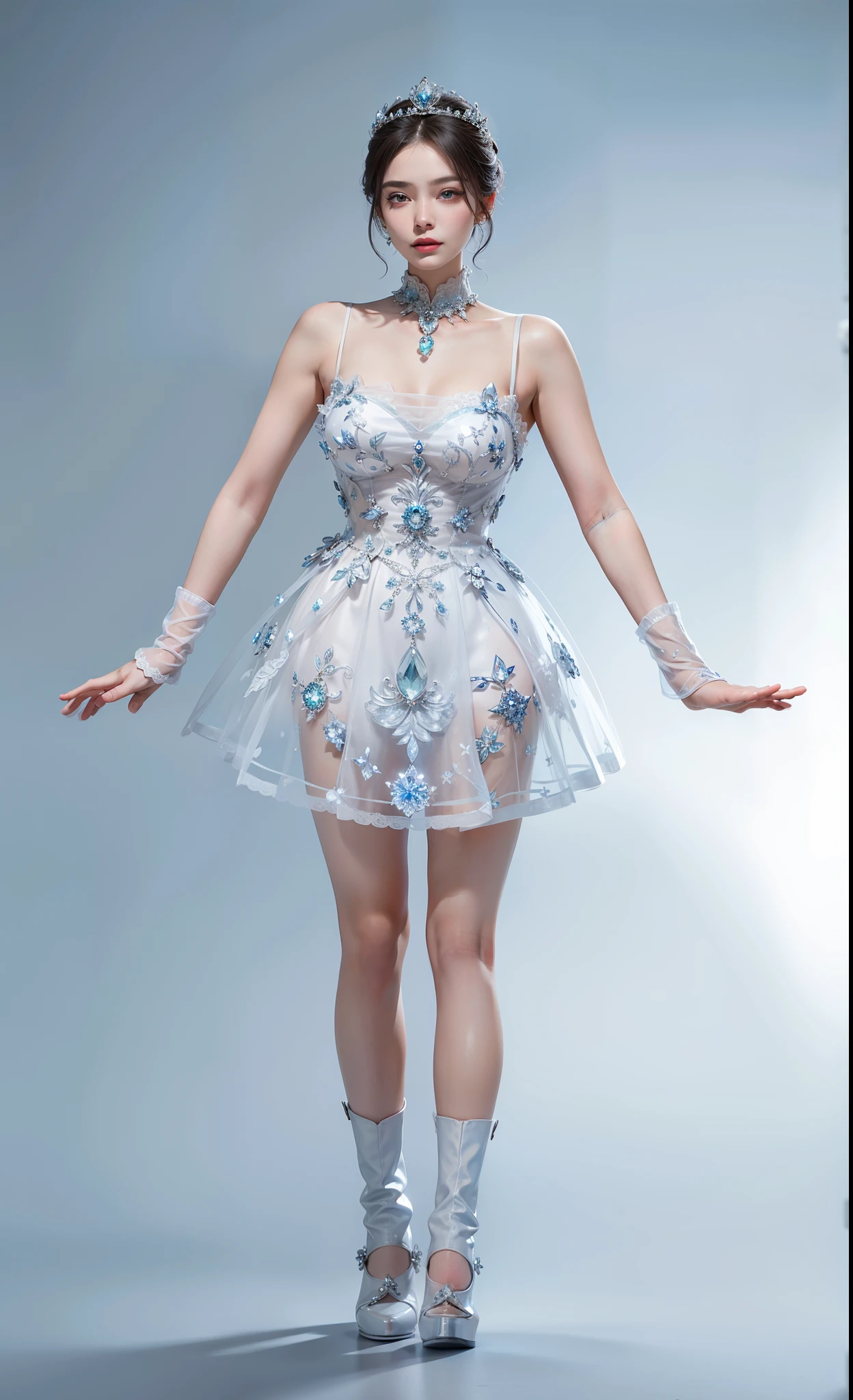 Royal sister，exquisite eyes，ice queen，put the crown on your head，Detailed facial expressions body，tall figure，Gorgeous，Leg length，4k，HD，Sensual，translucent lace，白皙plump figure，pretty face，Little cherry mouth，beautiful and delicious（3D royal sister），plump figure，gloss gel coat，Queen in luxurious dress，Crystal Gem Crown，Angel of light in armor，Wear white high-heeled boots
