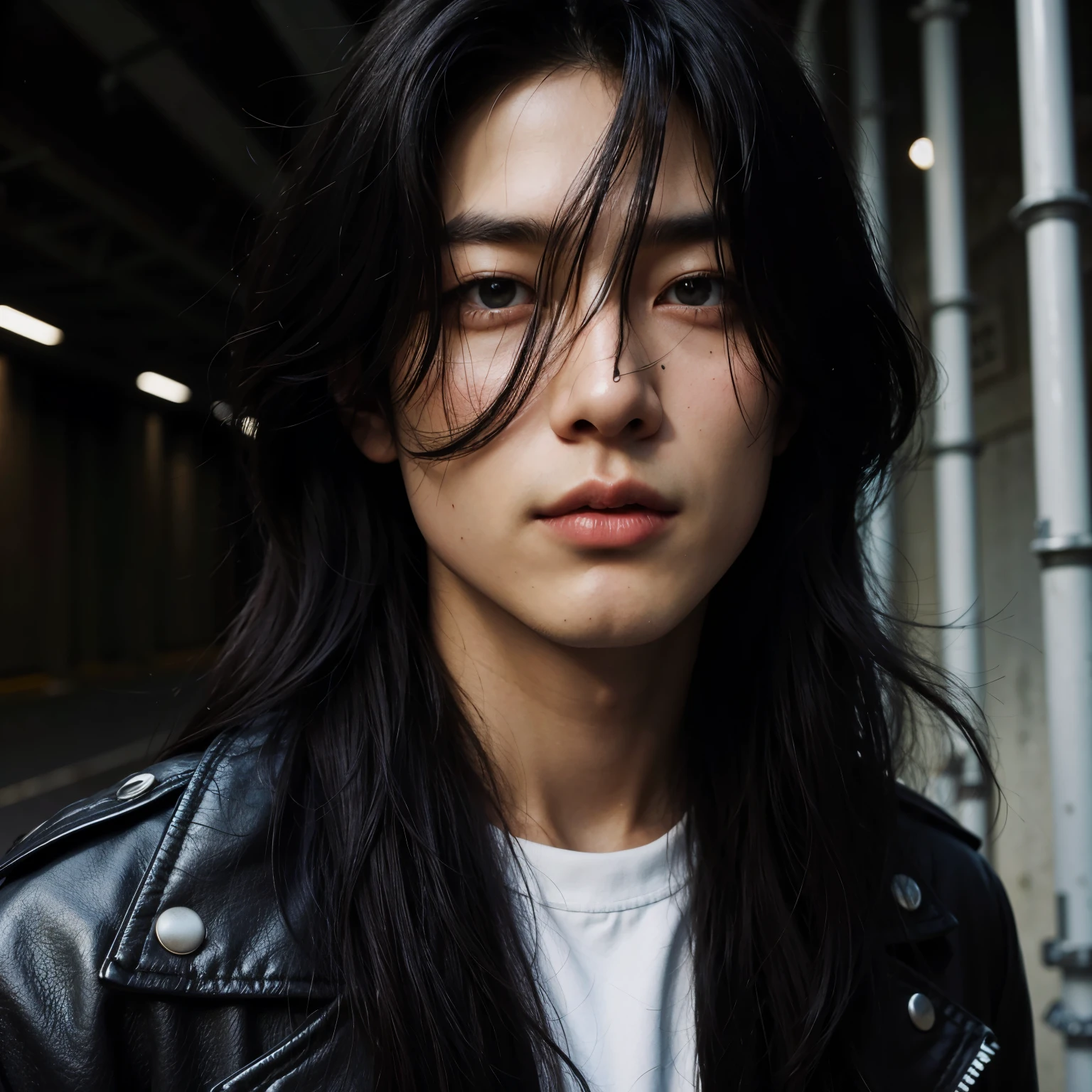 asian man with long black hair wearing a leather jacket, south korean male, Jeon Jungkook, Jungkook from BTS, Jungkook, male ulzzang, with his long black hair, young with long hair, shoulder-length black hair, with long dark hair, with long hair, inspired by Jeon Jungkook, slicked black hair, Jungkook