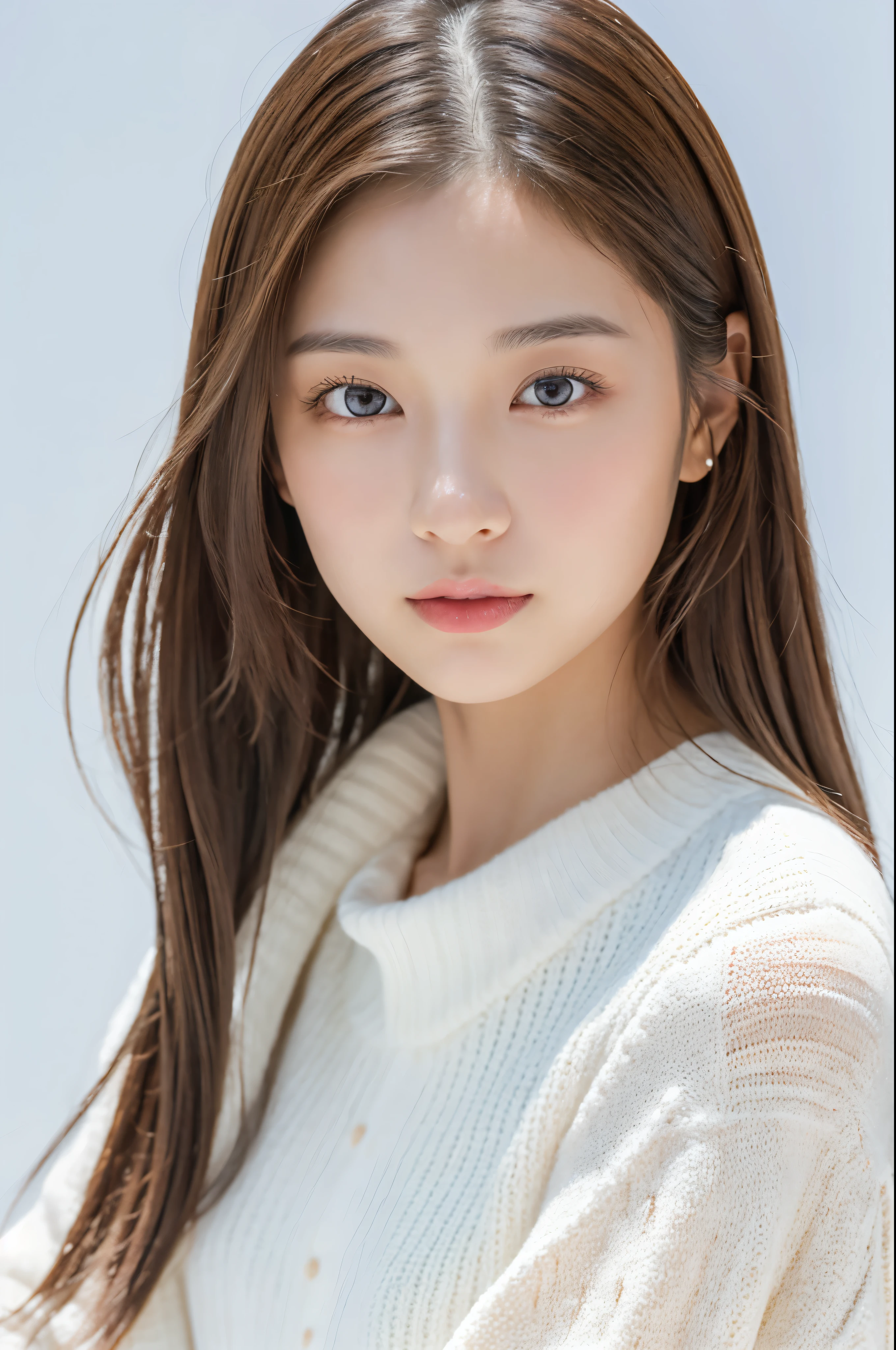 young japanese woman, 30 generations, white background, It is characterized by its simplicity背景, white brown hair, thin, 4k, In 8K, high quality, beauty, beautiful eyes, It is characterized by its simplicity, High resolution,1 person,beautiful skins,beautiful skin,wearing a white knit,winter,lipstick