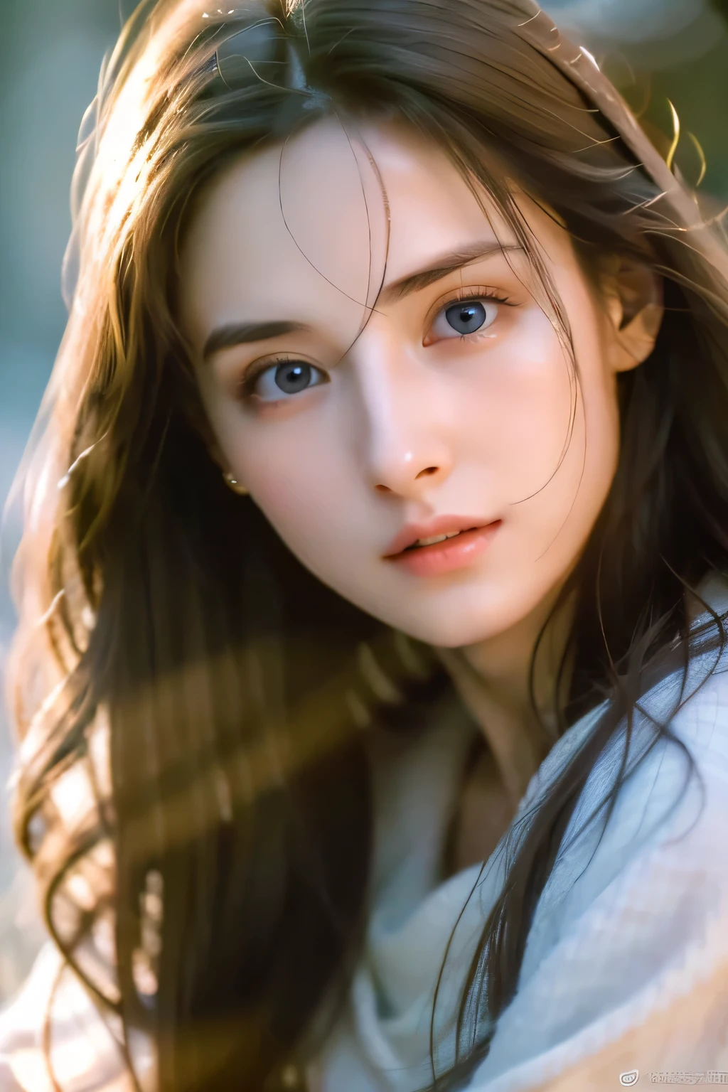 8k、High resolution、Beautiful Girl of the Wizard、young、white skin,、narrow eyes,high nose,lighting that illuminates the face、clear image、intellectual beauty、skinny、no makeup、The expression you show to your lover,shining hair、single eyelid,、vivid pose、looking at camera、relax on vacation