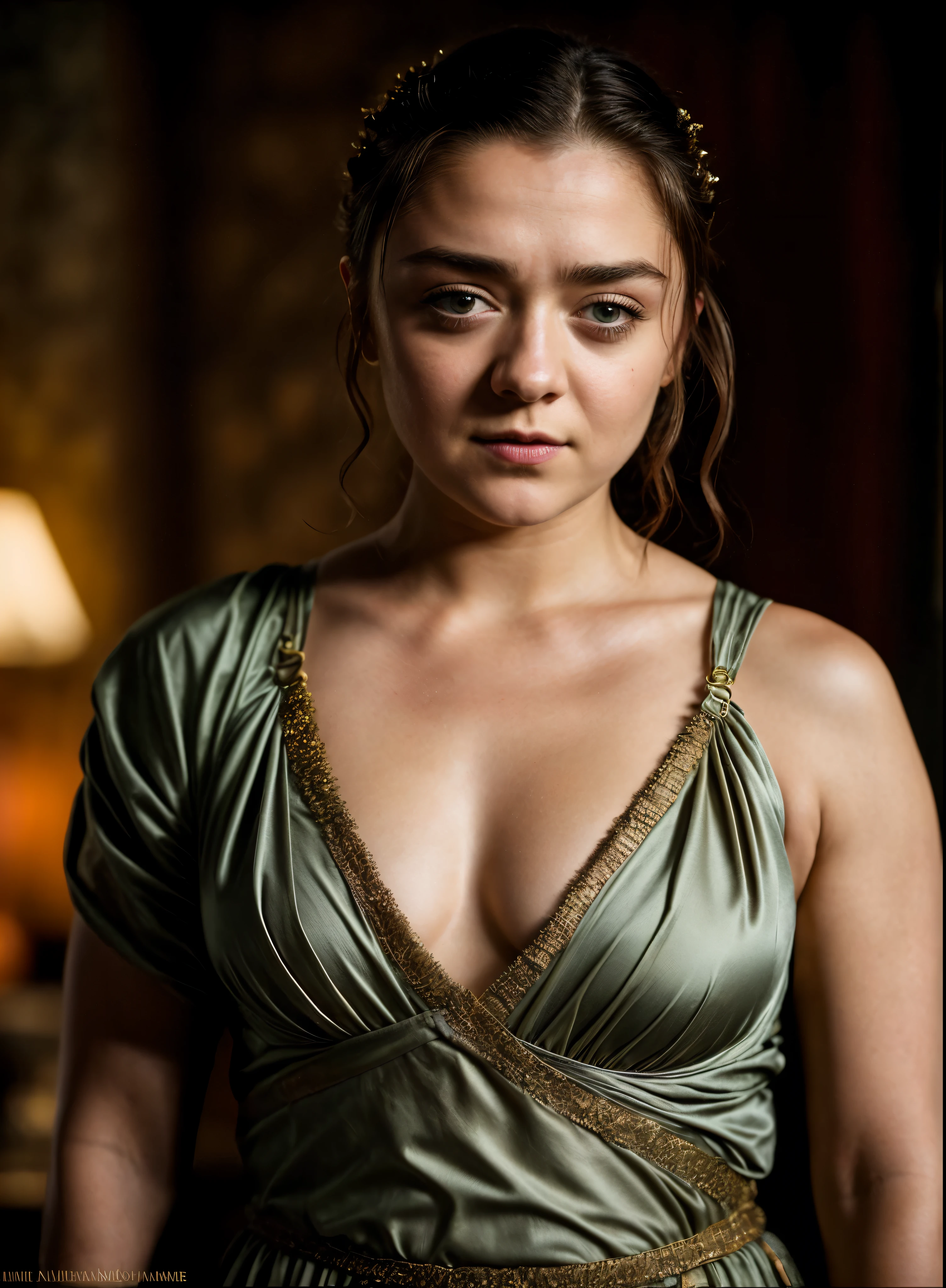 Foto RAW, Arya Stark, Extremely gorgeous lady, Arya Stark PLAYED BY MAISIE WILLIAMS, Queen Arya Stark, she a mature woman now, milf, sexy mediaeval battle dress, gladiator woman, body, 40 years old Woman, body revealing costumes, perky breast, skin pores, big natural breast, erotic costumes, lusty physique, seductive figure can capture every people's attention, Game of thrones costumes, revealing captivating figure, Mediaeval costumes, revealing clothes, A tomboy, she would rather fence than dance, warrior queen , game of thrones screen caps, Game of Thrones Series, (pele altamente detalhada: 1.2), 8k UHD, DSLR, soft-lighting, alta qualidade, grain of film, Fujifilm XT3, flawless picture, highly detailed, detailed Beauty, intricate, 32k, sharp picture, eye kajal, beauty marks, pierced eyes, sharp focus,