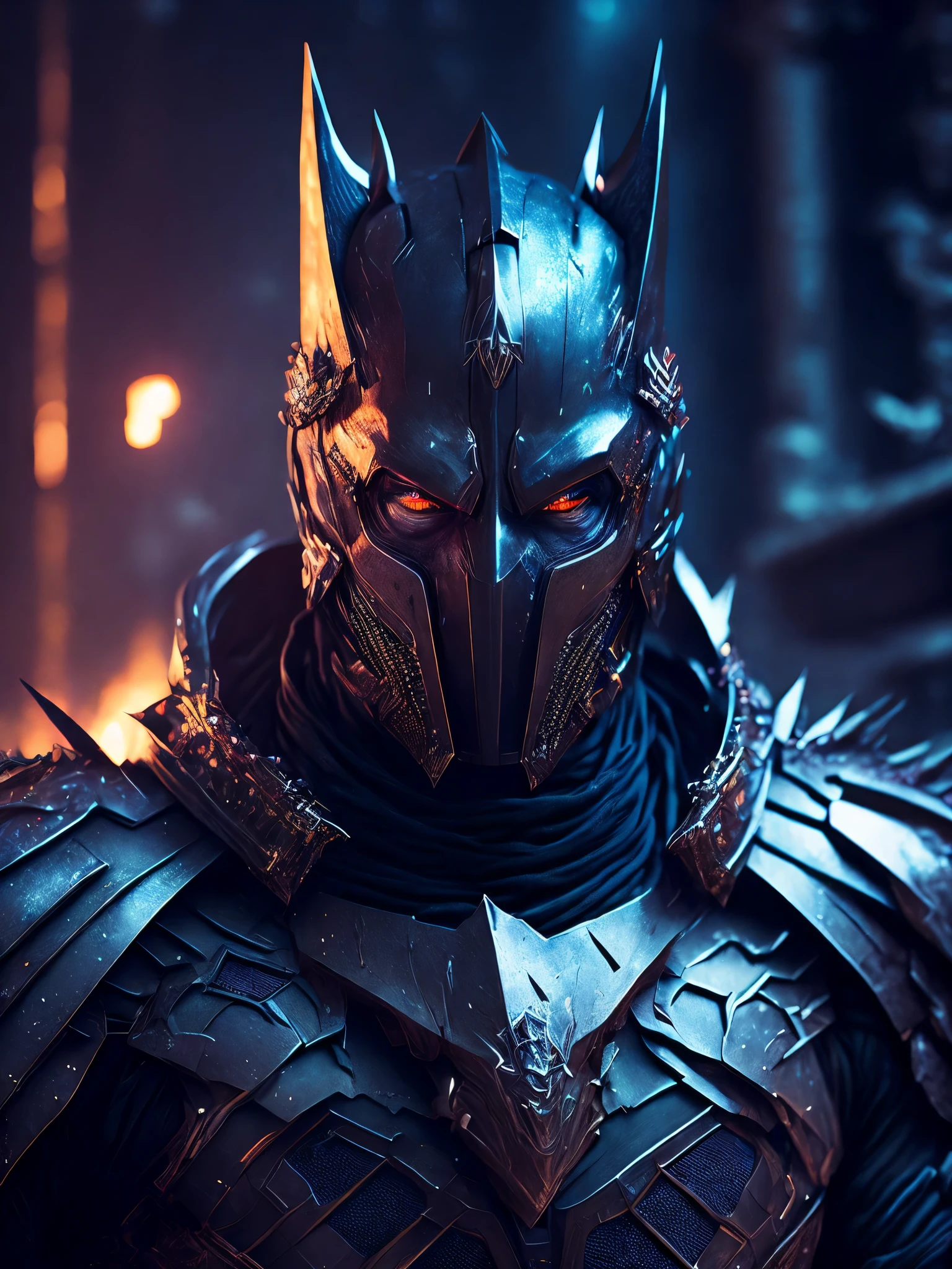 breathtaking cinematic science fiction photo of a portrait of Dark knight, metal skin, body full of spikes and glowing metrics inside, glowing multicoloured eyes, multifaceted eyes, metallic arms, inside a destroyed building, extremely menacing creature, highly detailed, award-winning