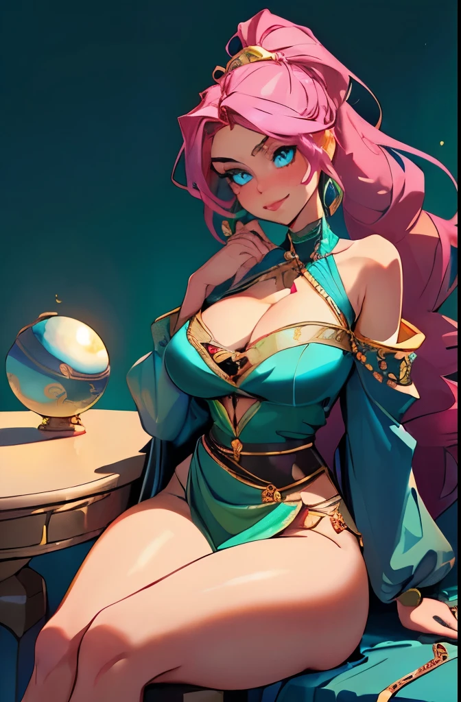 slim waist, slender torso, big pouty lips, coy smile, lips parted, blushing, almond-shaped-eyes, 4k, 8k ), ((wide hips, thick thighs)), huge breasts, boob squish, sitting on  silk couch, backlit, looking at viewer, low camera lens shot (masterpiece), (best quality:1.2), absurdres, intricate details, (highly detailed skin:1.2), ((luminous)) (((vivid bold color))) ((cinematic presentation)), long curly hair, blue eyes,  (((SOLO))), (((CLEAVAGE))), long braided ponytail, crystal ball on table, gypsy clothes, fortune teller, gold jewelry, silk pillows, bare shoulders