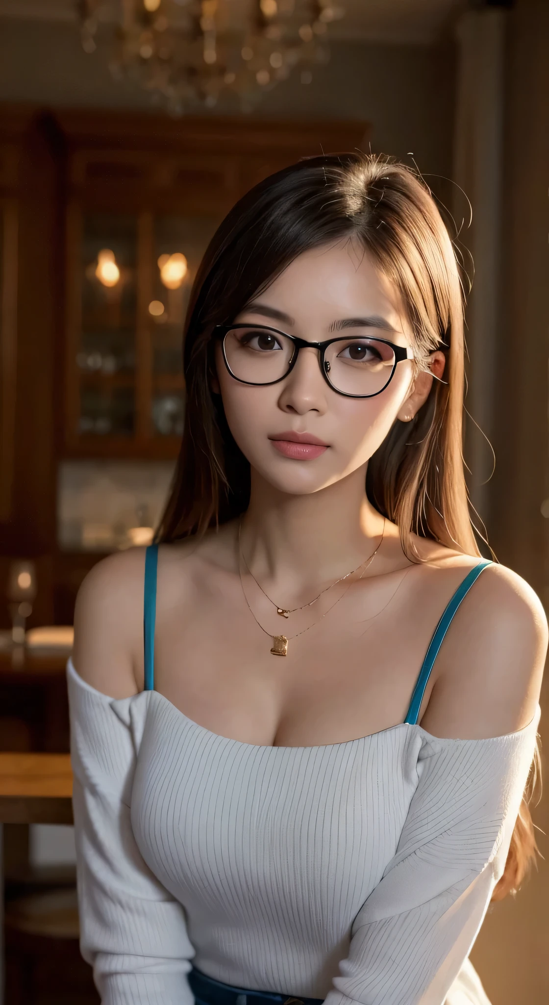 there is a woman with glasses and a necklace posing for a picture, with glasses, with square glasses, with long hair, headshot profile picture, professional profile picture, wearing thin large round glasses, girl with glasses, with glasses on, wearing square glasses, thick glasses, a young asian woman, wearing small round glasses, 1girl, black hair, realistic, ultra detail, big tits, perfect tits, perfect