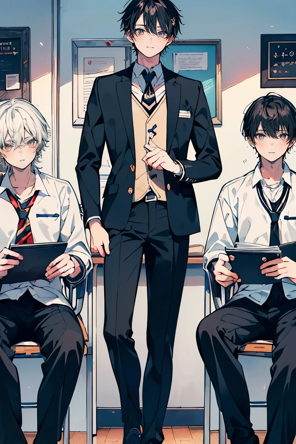 (muste piece), (best quality), very detailed, (((Two friendly high school boys:1.5))), perfect face, beautiful face, very detailed face,(black haired man:1.3),(white haired man:1.3),School,classroom,student uniform,checked tie,checked trousers,white shirt