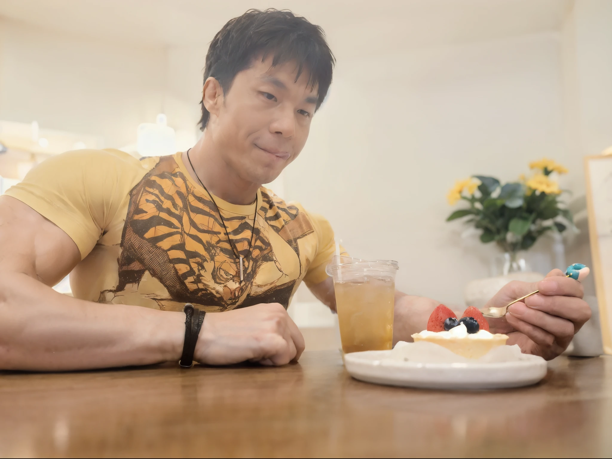 A man sitting at a table, eating cakes, mukbang style, taken with Sony Alpha 9, high quality image, vibrant colors, sharp focus, vivid details, the man's expression is satisfied, the table is filled with delicious pastries, the room is well lit with natural lighting, the atmosphere is cozy and inviting, the man's outfit is casual, the background is minimalistic, creating a clean and picturesque composition. (((hypermuscle)))