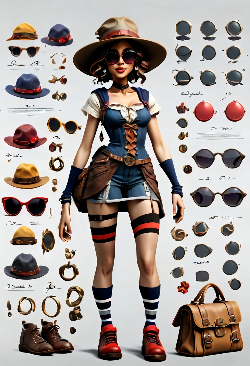 Framed Presentation of a magical slut (anorexic:1.2) woman character design sheet for a video game with detailed accessories, shoes, socks, bag, hat, sunglasses and dresses of different colors, buttons to customize the character to your liking(txt descrption:1.2), (best quality,4k,8k,highres,masterpiece:1.2),ultra-detailed,(realistic,photorealistic,photo-realistic:1.37)