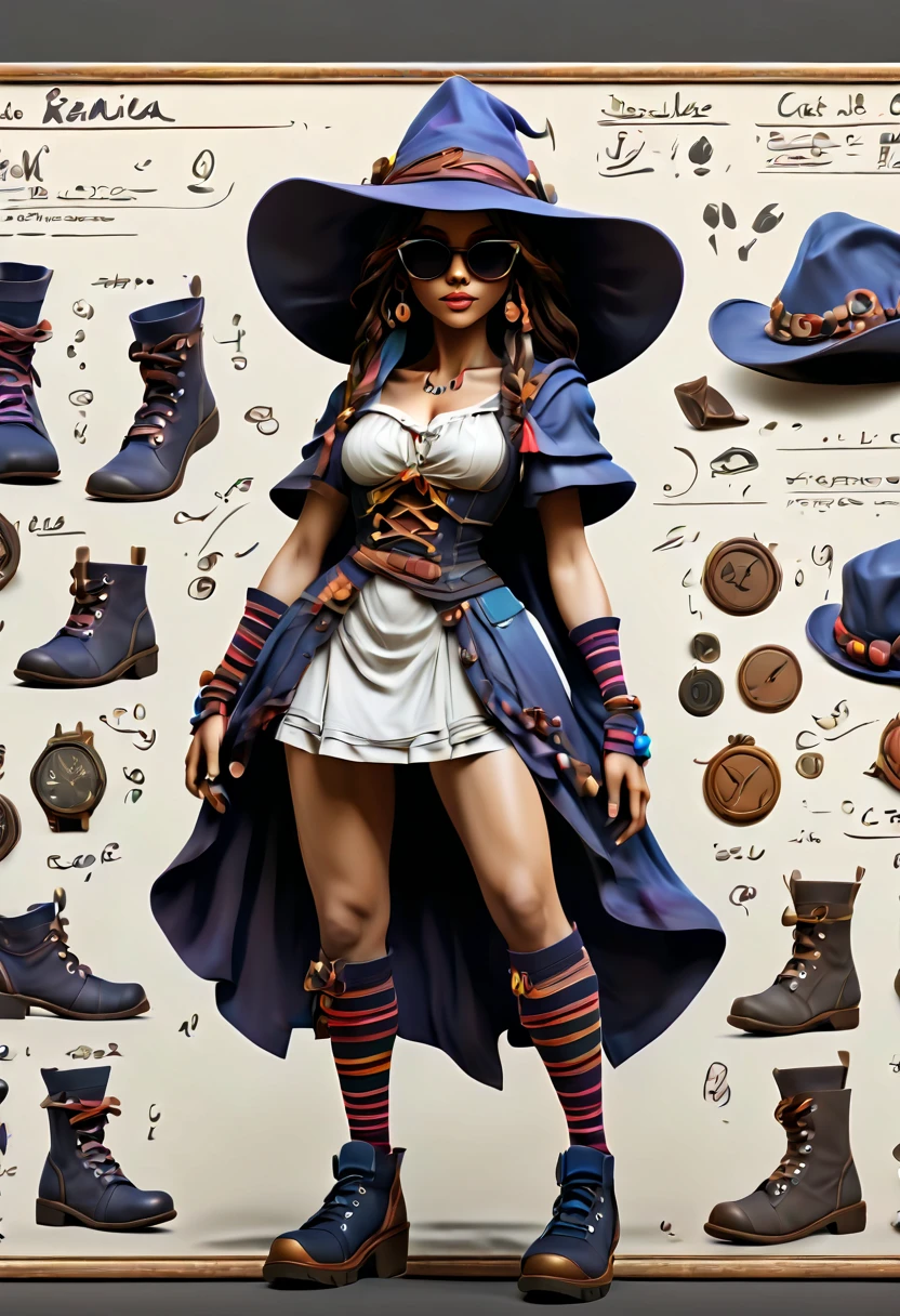 Framed Presentation of a magical slut (anorexic:1.2) woman character design sheet for a video game with detailed accessories, shoes, socks, bag, hat, sunglasses and dresses of different colors, buttons to customize the character to your liking(txt descrption:1.2), (best quality,4k,8k,highres,masterpiece:1.2),ultra-detailed,(realistic,photorealistic,photo-realistic:1.37)