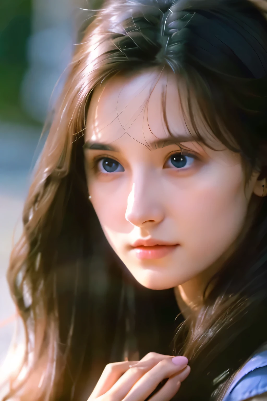 ８ｋ、High resolution、Beautiful Girl of the Wizard、young、white skin,、narrow eyes,high nose,lighting that illuminates the face、clear image、intellectual beauty、skinny、no makeup、The expression you show to your lover,shining hair、single eyelid,、vivid pose、looking at camera、relax on vacation