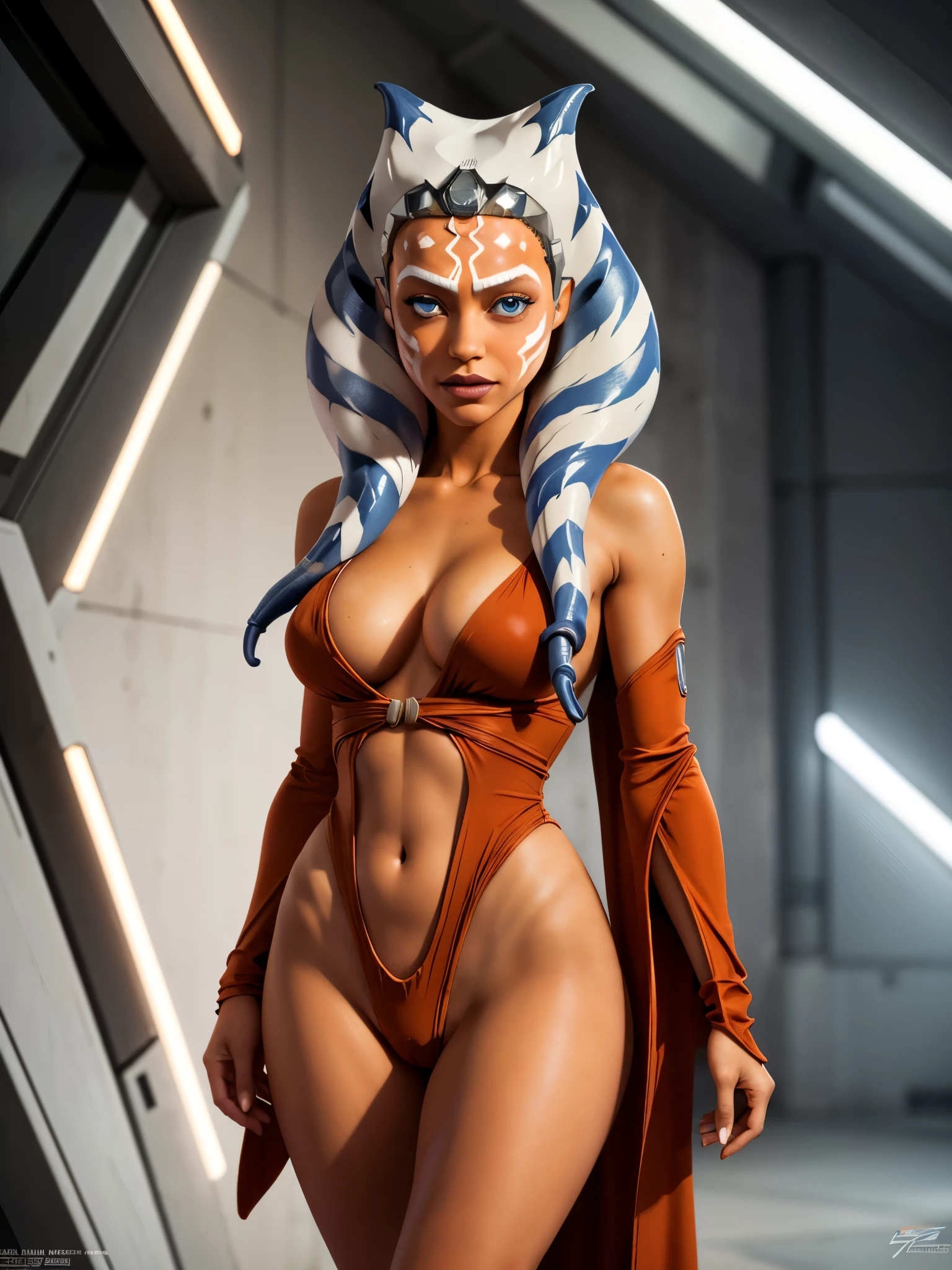 (masterpiece, best quality), 1girl, beautiful face, ahsoka_tano, orange skin, facial mark, tattoo, cleavage, jedi robe, big breasts, walking, sexy pose, serious look, curvy body, sexy thighs, sexy legs, full body shot