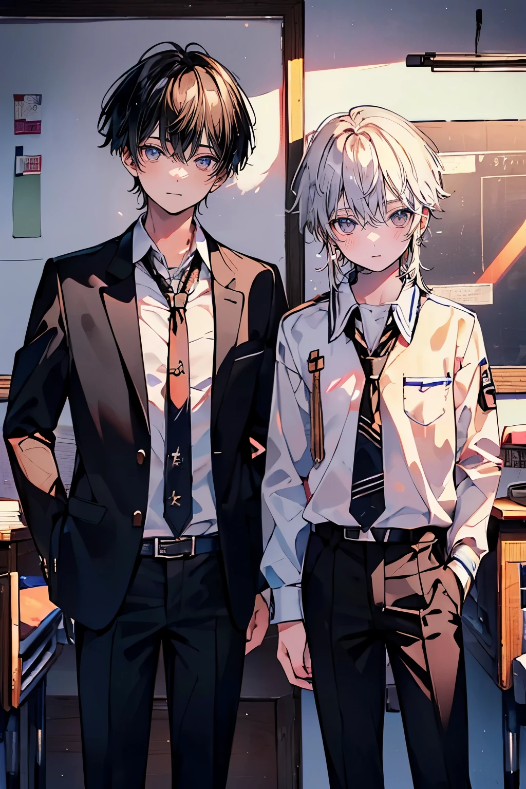 (muste piece), (best quality), very detailed, (((Two friendly high school boys:1.5))), perfect face, beautiful face, very detailed face,(black haired man:1.3),(white haired man:1.3),School,classroom,student uniform,checked tie,checked trousers,white shirt