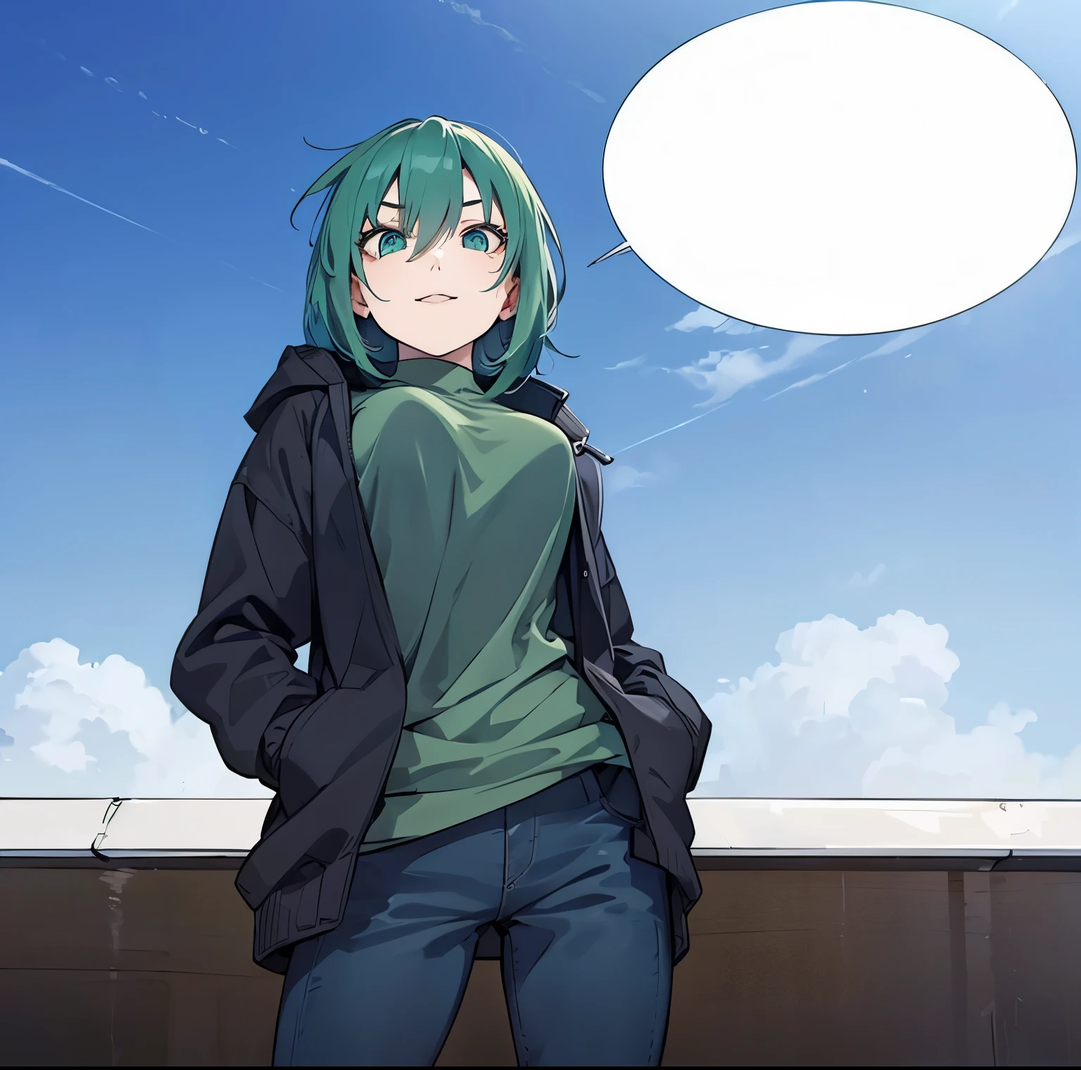 (masterpiece, best quality:1.4), (extremely detailed, 8k, uhd), cinematic shot, natural lighting, ultra highres, vibrant rich colors, (beautiful, aesthetic, perfect, delicate, intricate:1.2), (sharp focus, from front:1.3), eye level shot, 1girl, portrait of a anime girl, young, green hair, (extremely hot, attractive, beautiful, sexy, feminine:1.2) sexy, provocative, evil eyes, serious look, expressive green eyes, long eyelashes, relaxed (evil smiling:1.2), full body (beautiful detailed face, highly detailed skin, green eyes), gorgeous, breathtaking beauty, seductive, captivating, pale skin, perfect female figure, (slim:0.5), (wearing a dark t-shirt :1.2), (highly saturated lipstick, luscious thick lips), intricate details, daytime, award winning photography, detailed background, volumetric fx, anime, hyper-detailed