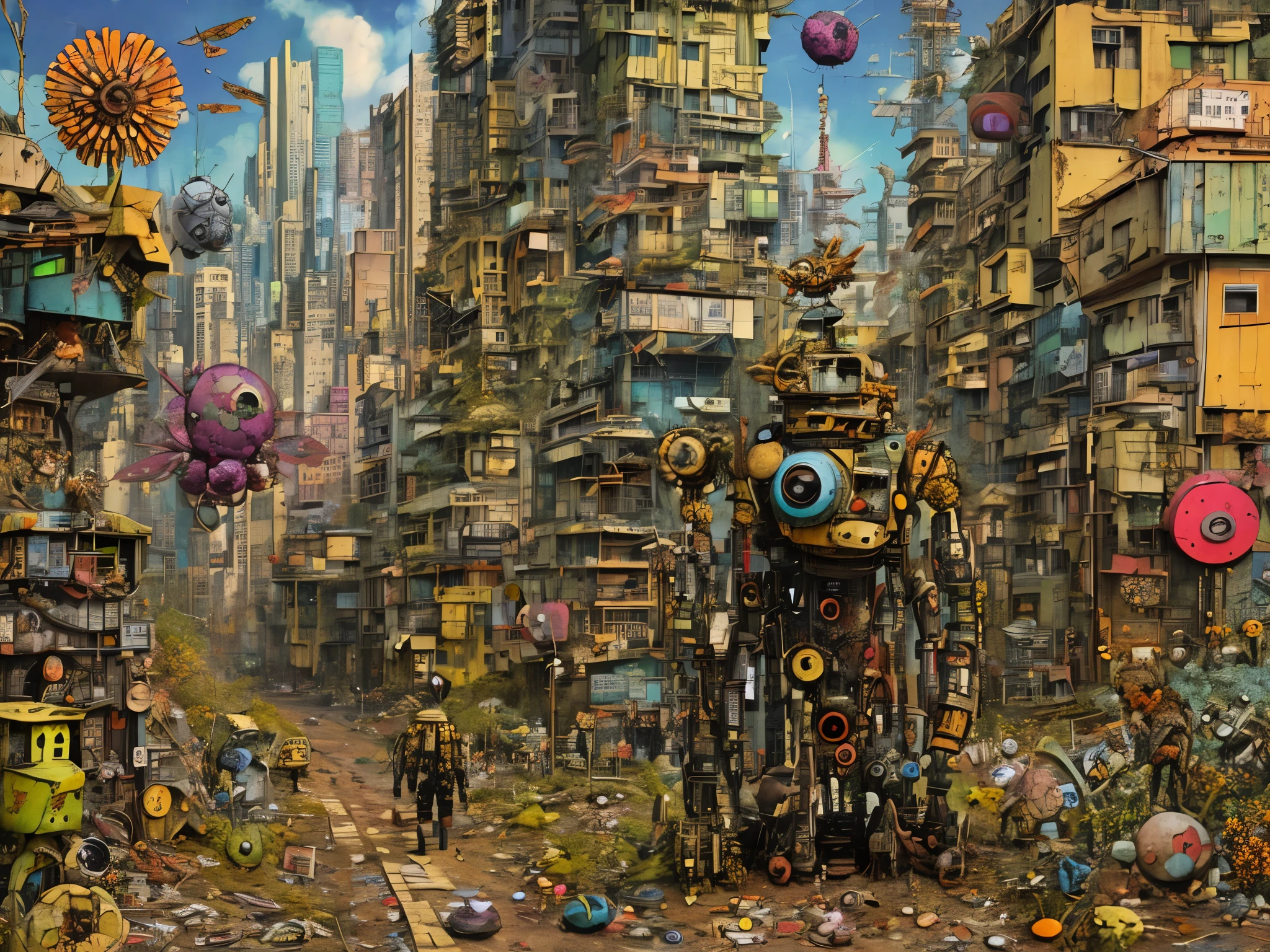 gonzobugs cute rusty robot , scrapland, a lot of scraps, peces, parts, vehicle, agate geode dandelion clowncore, war-torn post apocalyptic wonderland, fauvism , Caspar David Friedrich , Takashi Murakami , Diane Dillon , album cover art, perfect, smooth, pixiv, cgsociety, worn, old, dirty cyberpunk2077Tarot_tarotCard flowervirus