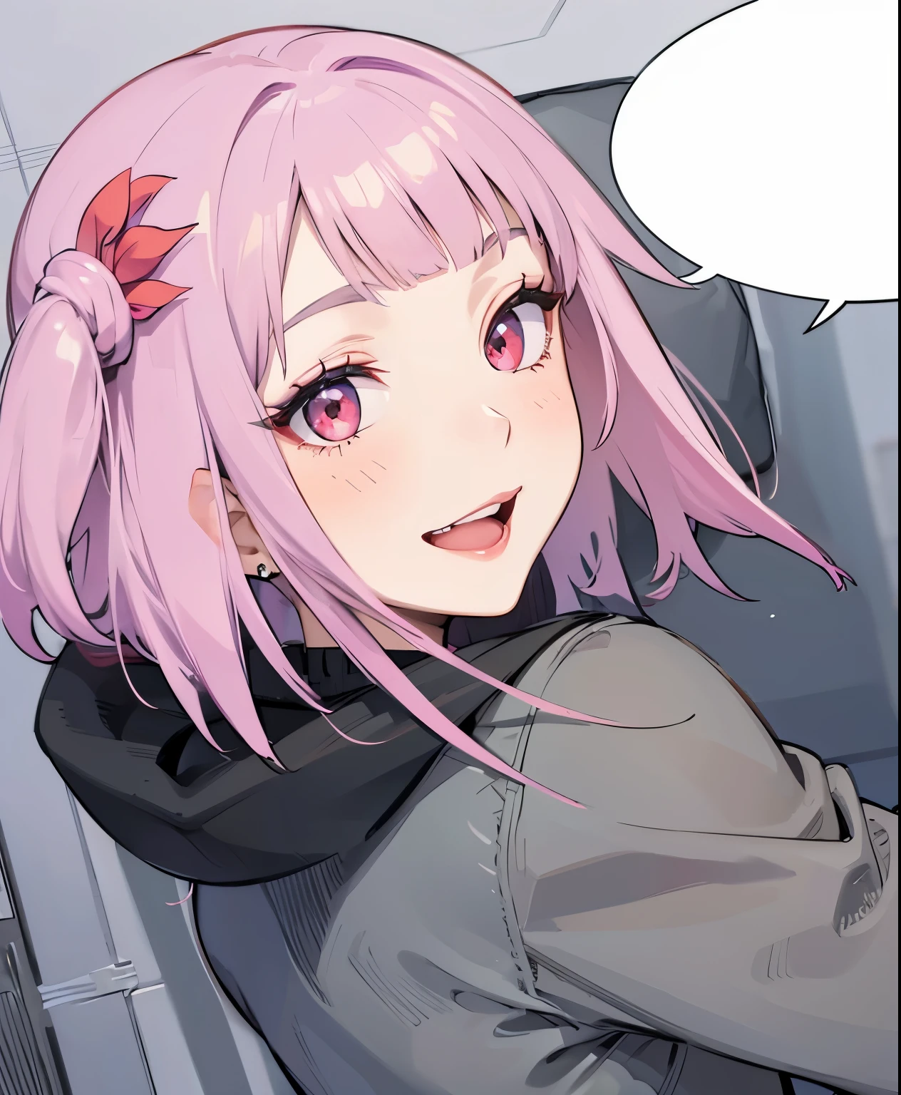 (masterpiece, best quality:1.4), (extremely detailed, 8k, uhd), cinematic shot, natural lighting, ultra highres, vibrant rich colors, (beautiful, aesthetic, perfect, delicate, intricate:1.2), (sharp focus, from front:1.3), eye level shot, 1girl, portrait of a anime girl, young, short pink hair, (extremely hot, attractive, beautiful, sexy, feminine:1.2), calm, expressive red eyes, long eyelashes, relaxed, (smiling:1.2), (beautiful detailed face, highly detailed skin, red eyes), gorgeous, breathtaking beauty, seductive, captivating, pale skin, perfect female figure, (slim:0.5), (highly saturated lipstick, purple pink lips, luscious thick lips, small red star earrings), intricate details, daytime, award winning photography, detailed background, volumetric fx, anime, hyper-detailed