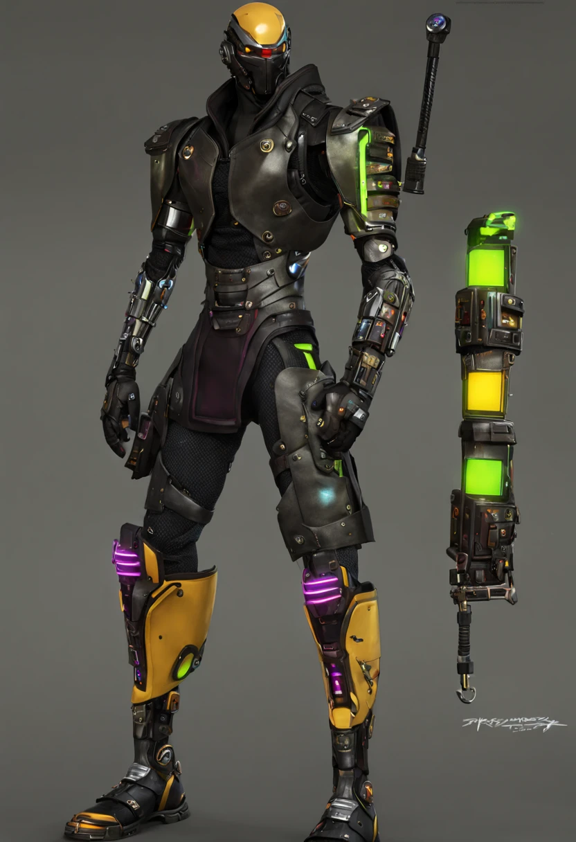 character reference sheet {A rugged street samurai, his stance confident as he surveys the neon-drenched cybercity. His robotic arm is not just a functional limb but also a display of his personal style, with shifting neon tattoos that move across the metal surface. He's dressed in a mix of cyber-enhanced leather armor and traditional samurai garb, with neon highlights that pulse to an unseen rhythm of the sprawling metropolis. The character sheet includes detailed notes on the arm's enhancements, weapon attachments, and unique neon patterns.} . turnaround views, detailed anatomy, color palette, multiple poses, highly detailed, multiple views of the same character, model sheet, character sheet