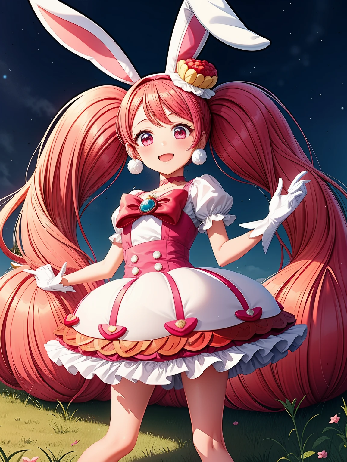 masterpiece, best quality, high resolution,1girl, solo, white gloves, pink hair, magical girl, animal ears, rabbit ears, long hair, food-themed hair ornament, hair ornament, twintails, jewelry, pink eyes, extra ears, earrings, pink bow, pom pom (clothes), pink choker, hairband, smile, blush, shiny skin, grassland, night, detailed, detailed shadow,