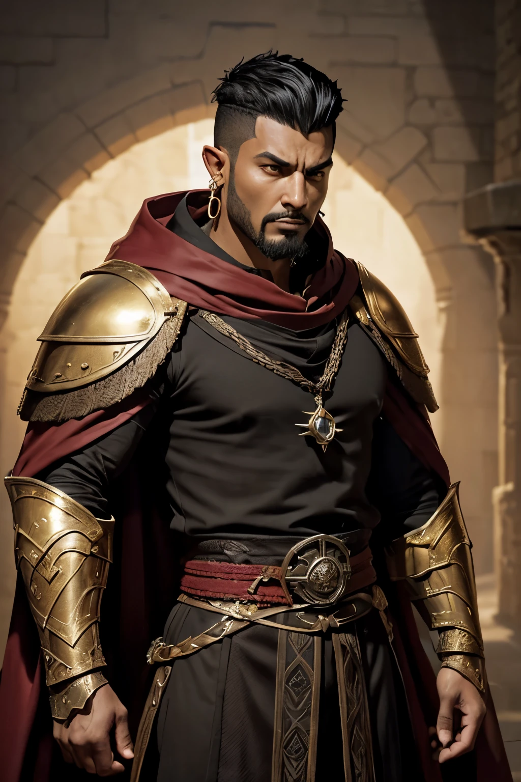 medieval, realistic, 50 years man, arabic traits, ebony skin, king, (black hair, very short hair, undercut, shaved hair on the sides, golden crown), earrings, (brown eyes, thick eyebrows, big nose, angry, goatee), (red armor, cloak), rpg character, lord of the rings style, dungeons and dragons style, waist and head image