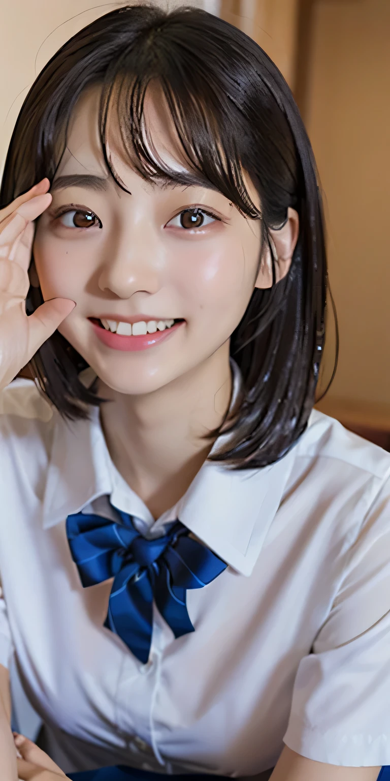 Ulchan-6500-v1.1, (RAW photo:1.2), (realistic:1.4), beautiful detailed girl, very detailed eyes and face, fine and beautiful eyes, huge file size, (big), High resolution, very detailed, highest quality, [masterpiece:1.6], [JK uniform], shape, very detailed, CG, small details, highest quality, Highly detailed CG uniform 8k wallpaper, movie lighting, 1 girl, 17 years old, cute Japanese , perfect shape, [unbuttoned white school blouse], big firm chest, [huge breasts, heavy chest: 1.6], cute droopy eyes, beautiful big eyes, white school blouse, see through bra, sweaty and wet, [sexual excitement: 1.1], [sexual excitement: 1.1] lying in bed: 1.5], raised his hand, Ribbon at the neck of school uniform, smile, (the whole body is wet), shining eyes