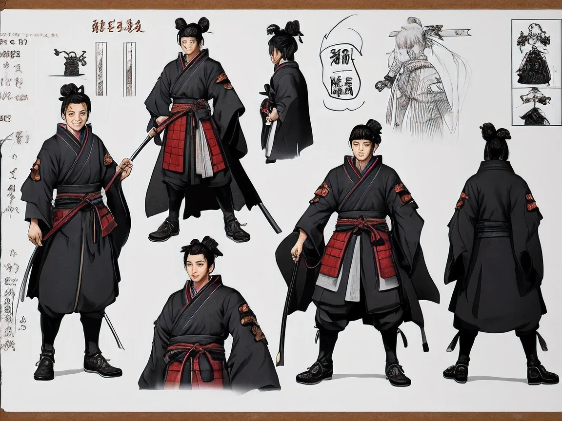 character design sheet, Jin Sakai, Ghost of Tsushima, (best quality,highres,ultra-detailed),realistic