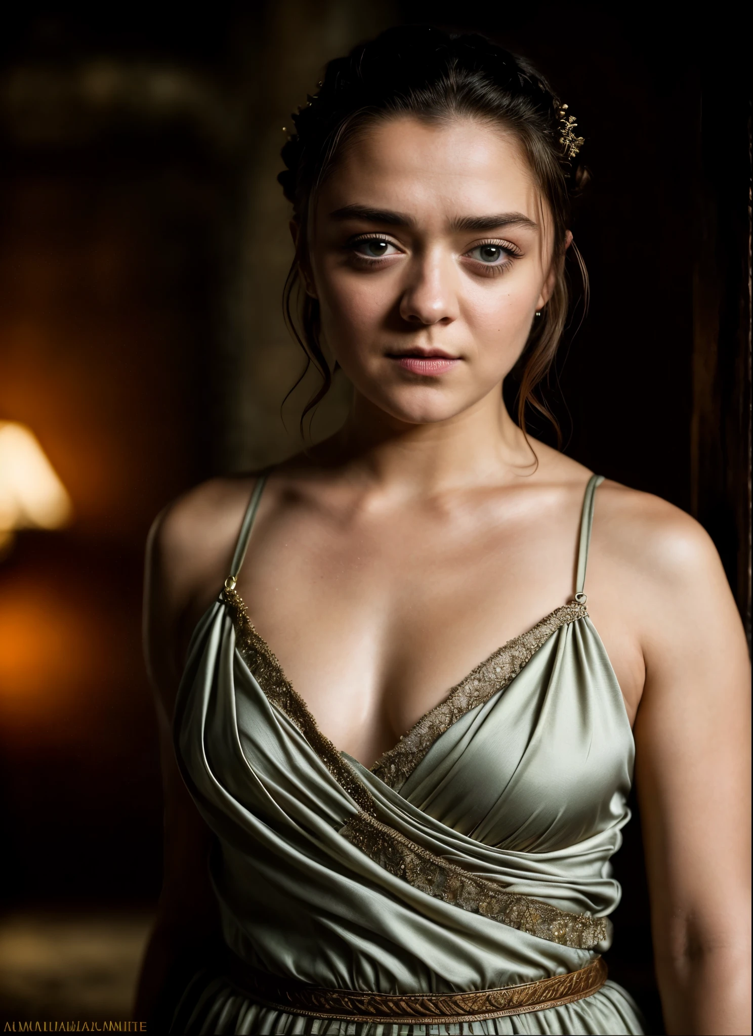 Foto RAW, Arya Stark, Extremely gorgeous lady, Arya Stark PLAYED BY MAISIE WILLIAMS, Queen Arya Stark, she a mature woman now, milf, sexy mediaeval battle dress, gladiator woman, body, 40 years old Woman, body revealing costumes, perky breast, skin pores, big natural breast, erotic costumes, lusty physique, seductive figure can capture every people's attention, Game of thrones costumes, revealing captivating figure, Mediaeval costumes, revealing clothes, A tomboy, she would rather fence than dance, warrior queen , game of thrones screen caps, Game of Thrones Series, (pele altamente detalhada: 1.2), 8k UHD, DSLR, soft-lighting, alta qualidade, grain of film, Fujifilm XT3, flawless picture, highly detailed, detailed Beauty, intricate, 32k, sharp picture, eye kajal, beauty marks, pierced eyes, sharp focus,